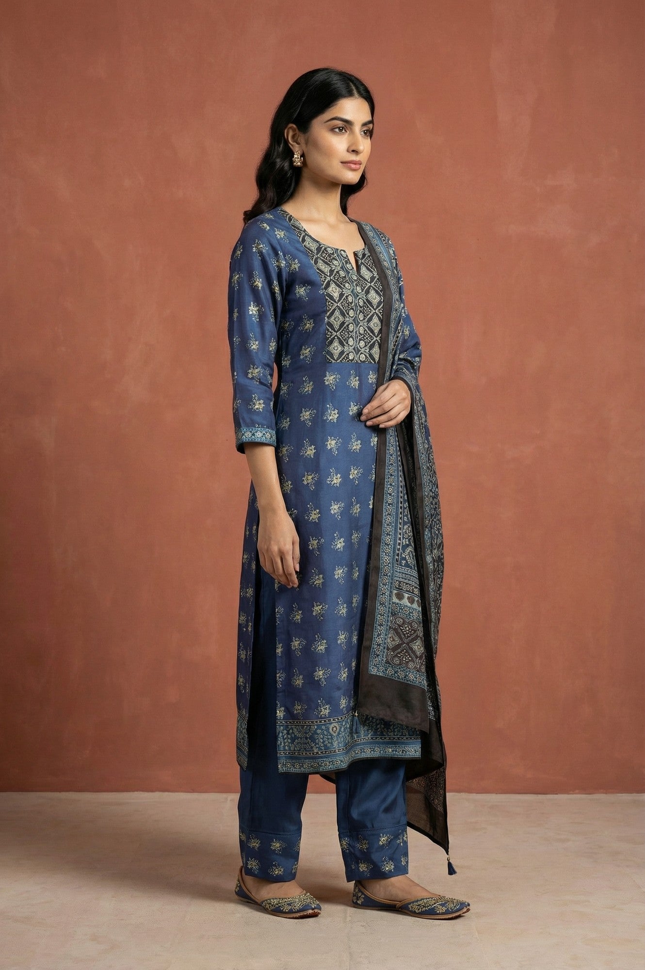 Blue Block Printed Floral Satin Straight Kurta with Parallel Pants and Dupatta Set
