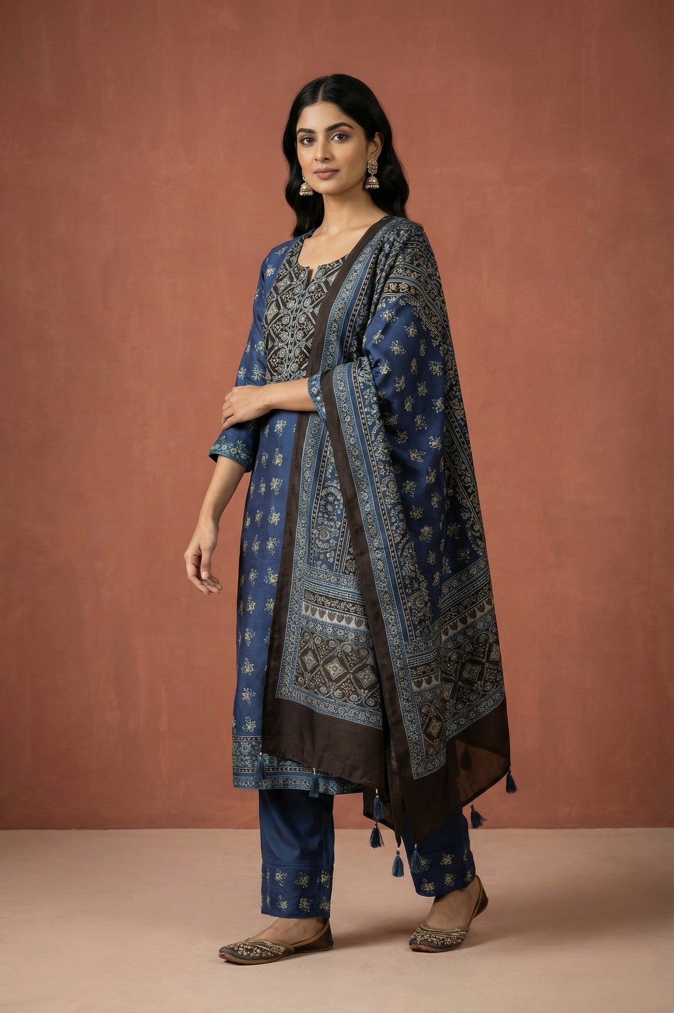 Blue Block Printed Floral Satin Straight Kurta with Parallel Pants and Dupatta Set