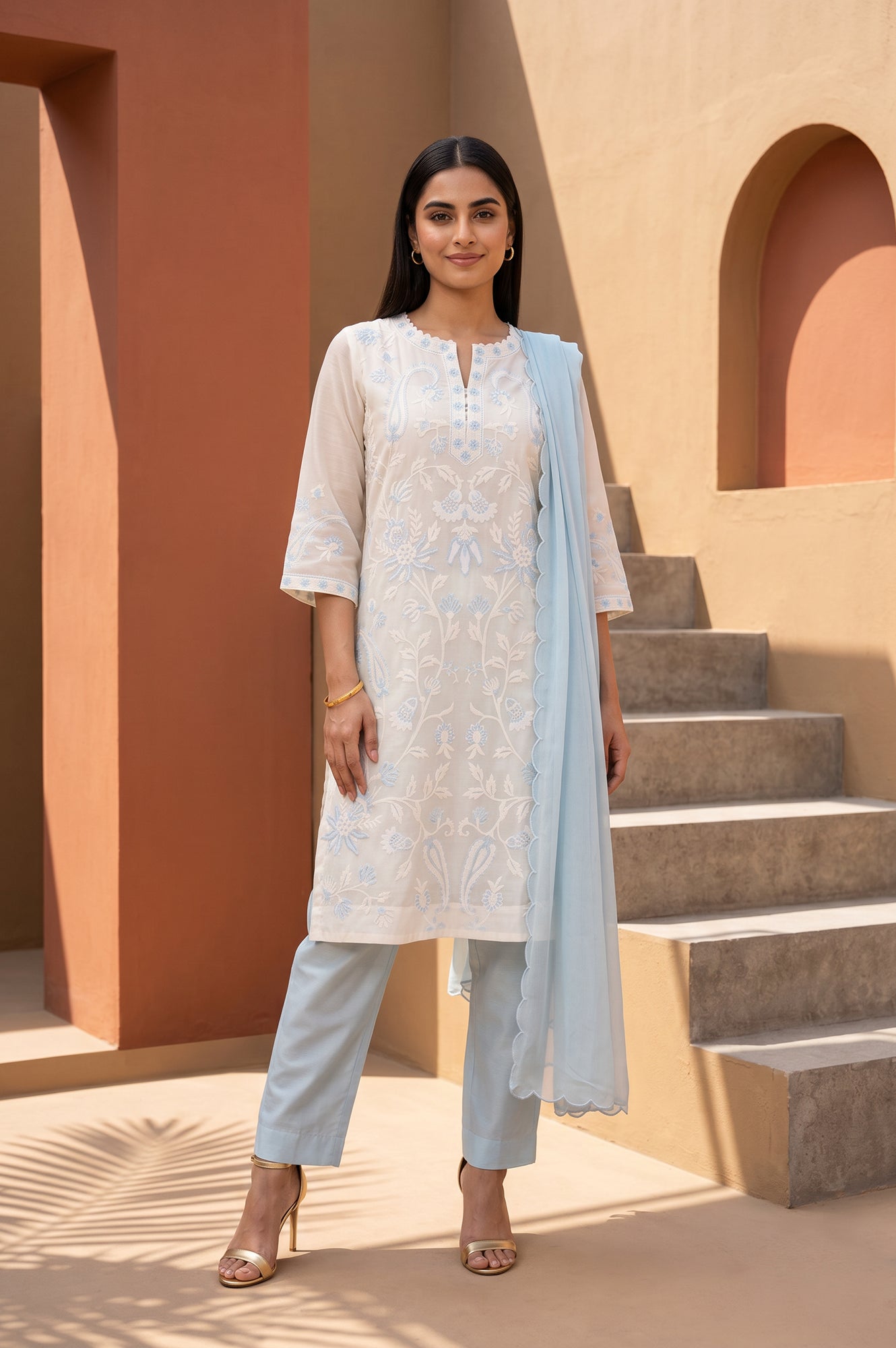 Off White Thread Embroidered Cotton Silk Straight Kurta With Pants and Dupatta Set