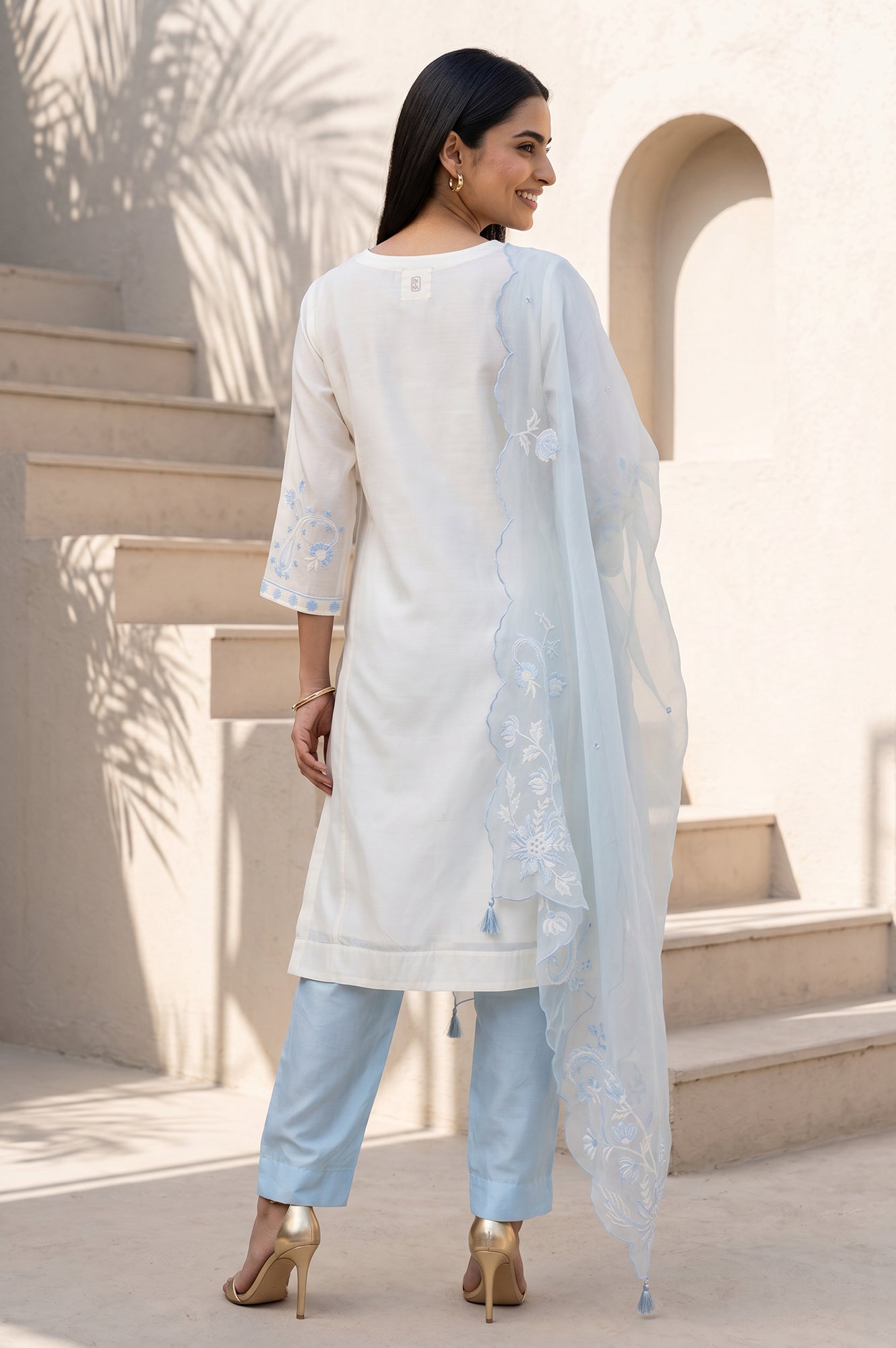 Off White Thread Embroidered Cotton Silk Straight Kurta With Pants and Dupatta Set