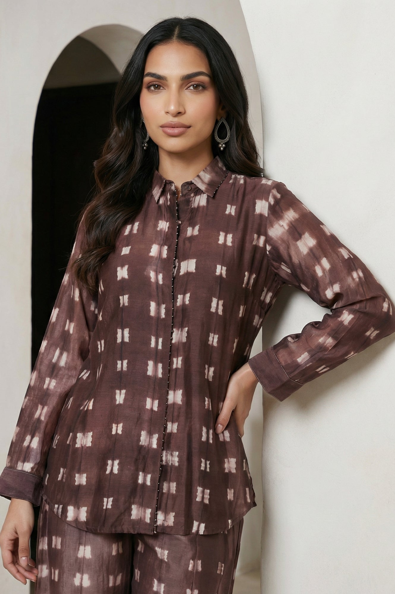 Brown Shibori Printed Cotton Blend Straight Top with Parallel Pants Co-ord Set