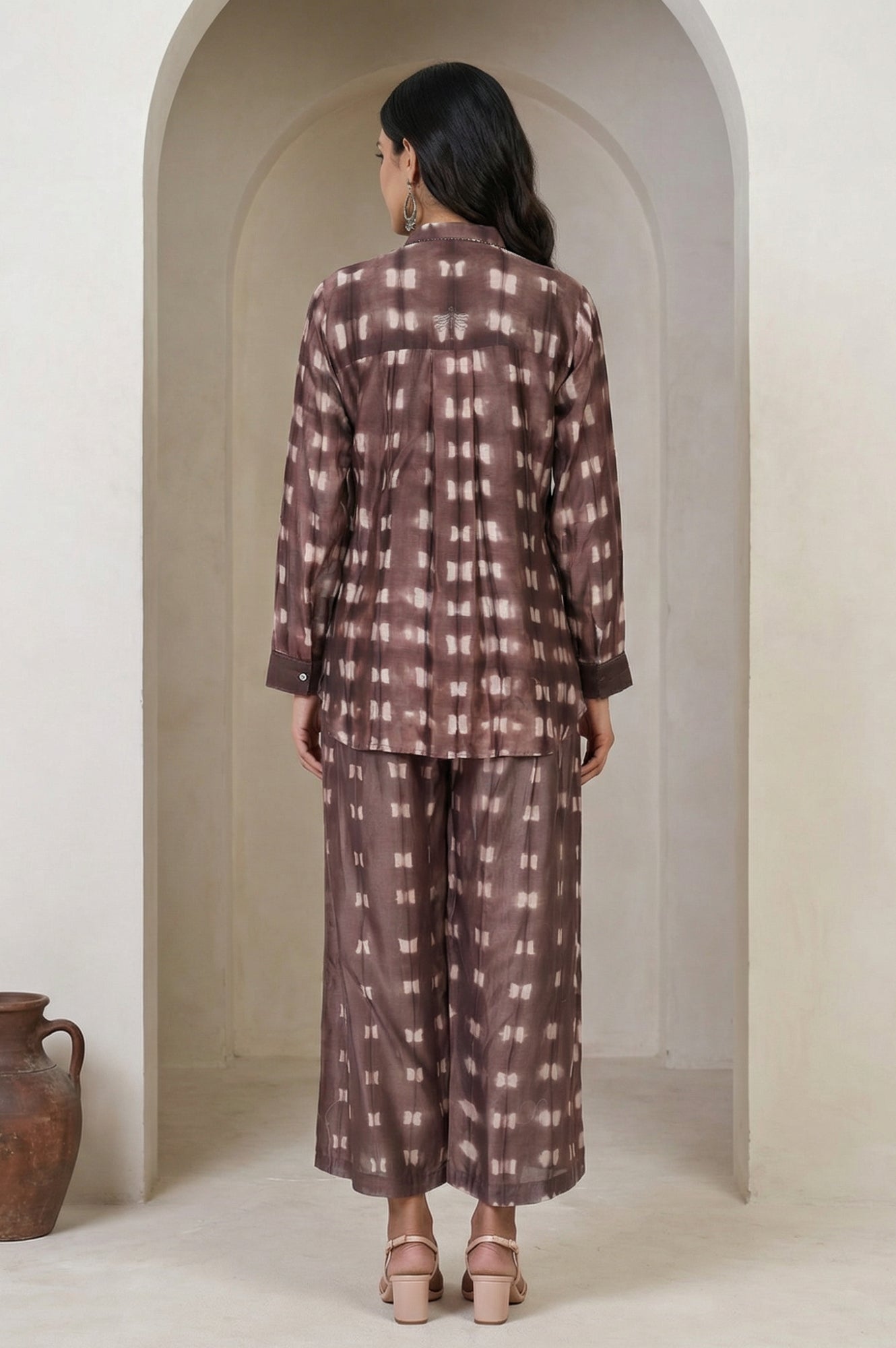 Brown Shibori Printed Cotton Blend Straight Top with Parallel Pants Co-ord Set