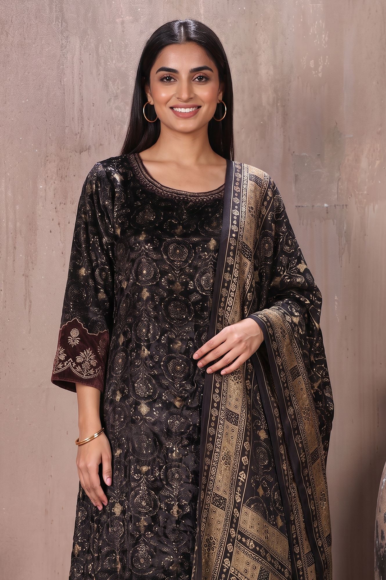 Black Ajrak Printed Modal Satin Velvet Straight Kurta with Parallel Pants and Dupatta Set
