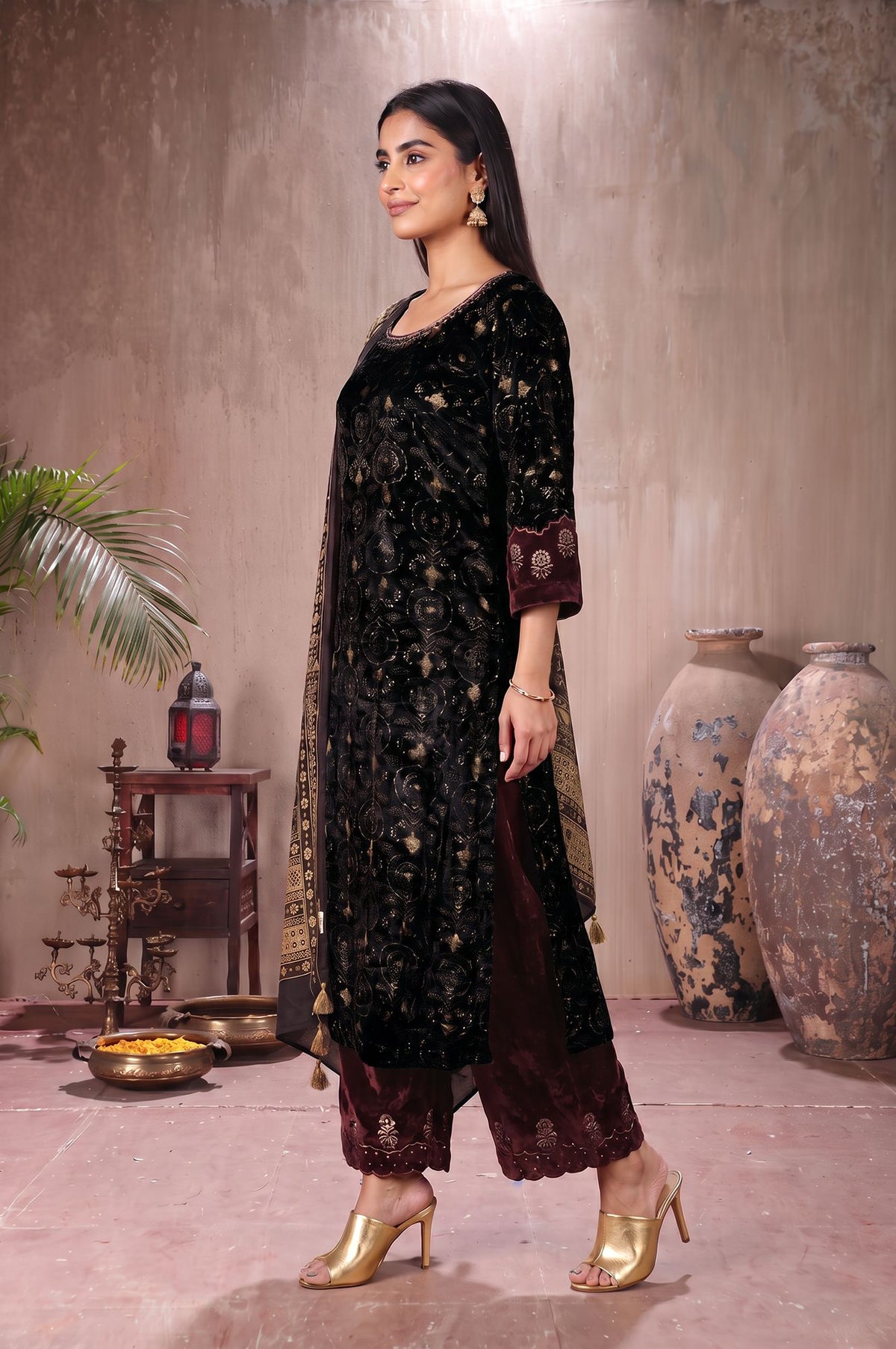 Black Ajrak Printed Modal Satin Velvet Straight Kurta with Parallel Pants and Dupatta Set
