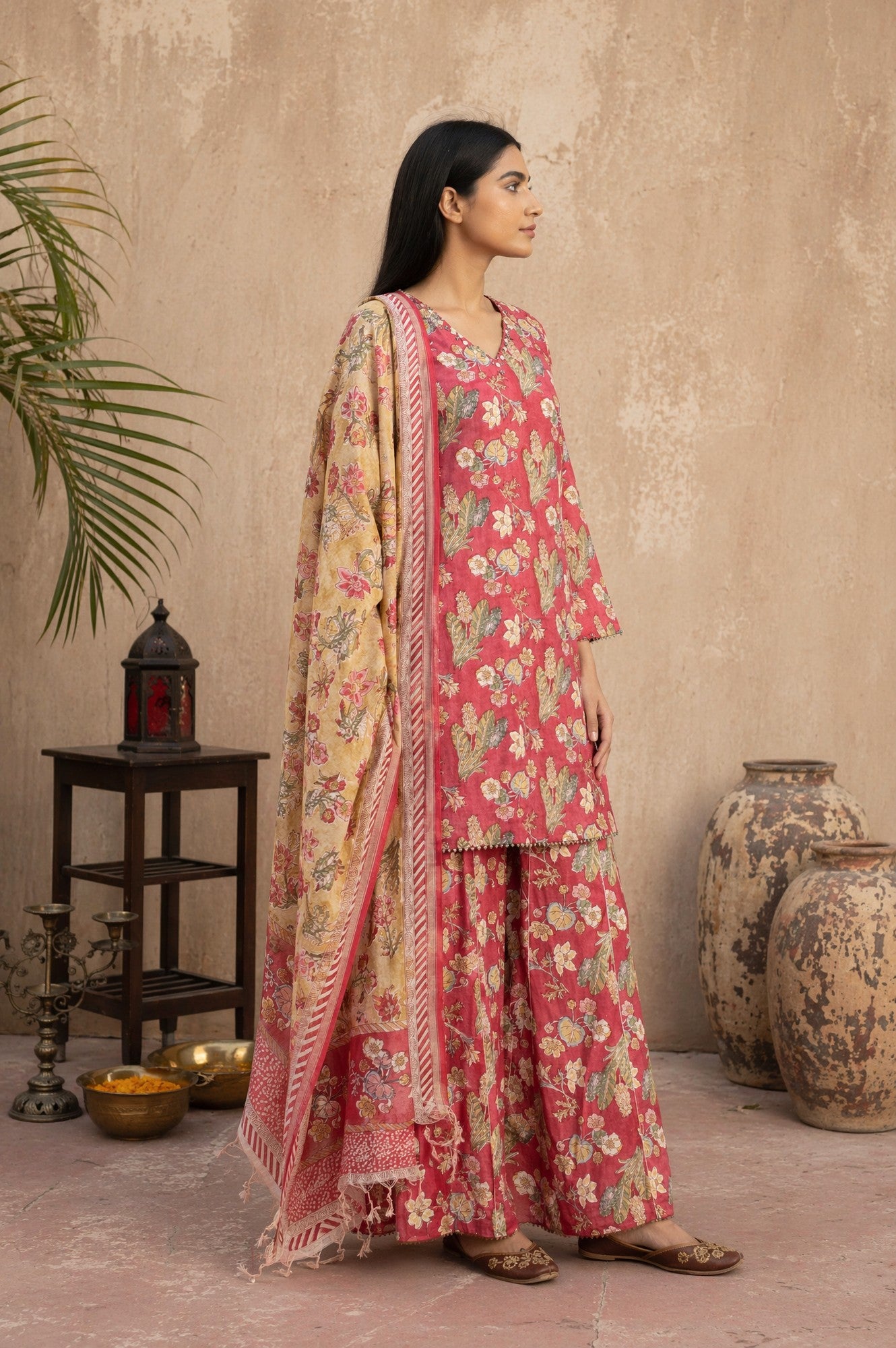Rose Floral Printed Pure Cotton Straight Kurta with Sharara and Dupatta Set