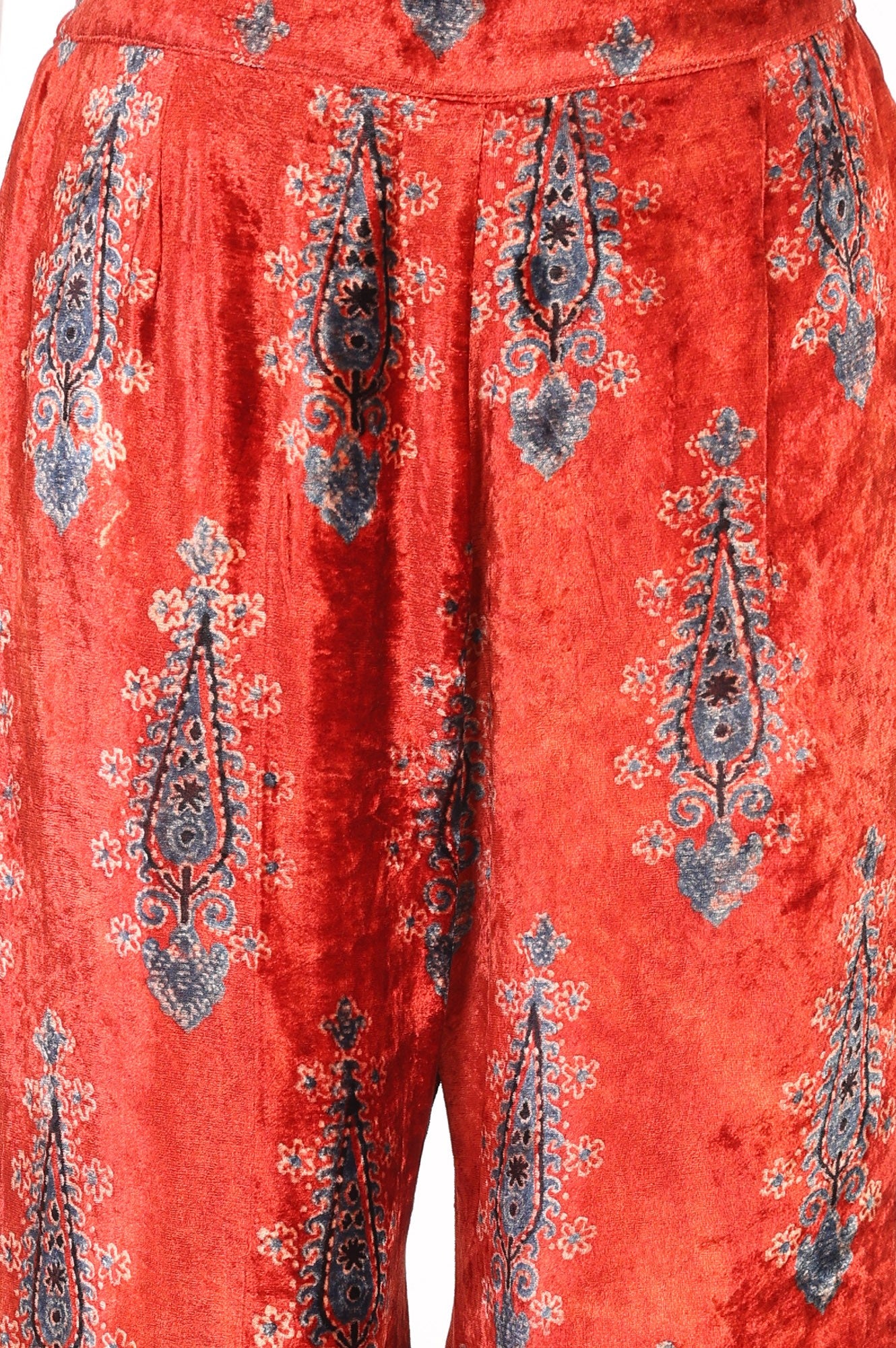 Red Ethnic Motifs Printed Modal Satin Sleeveless Straight Kurta with Bell Bottom Pants and Dupatta Set