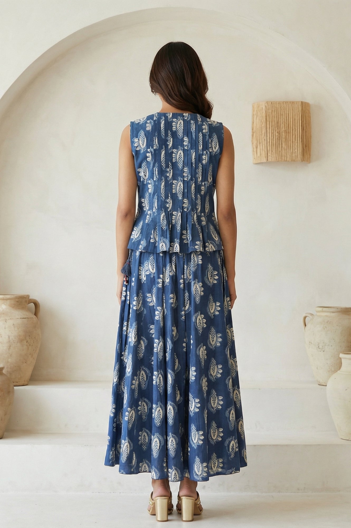 Blue Floral Printed Tassel Pure Cotton Top with Flared Skirt Set