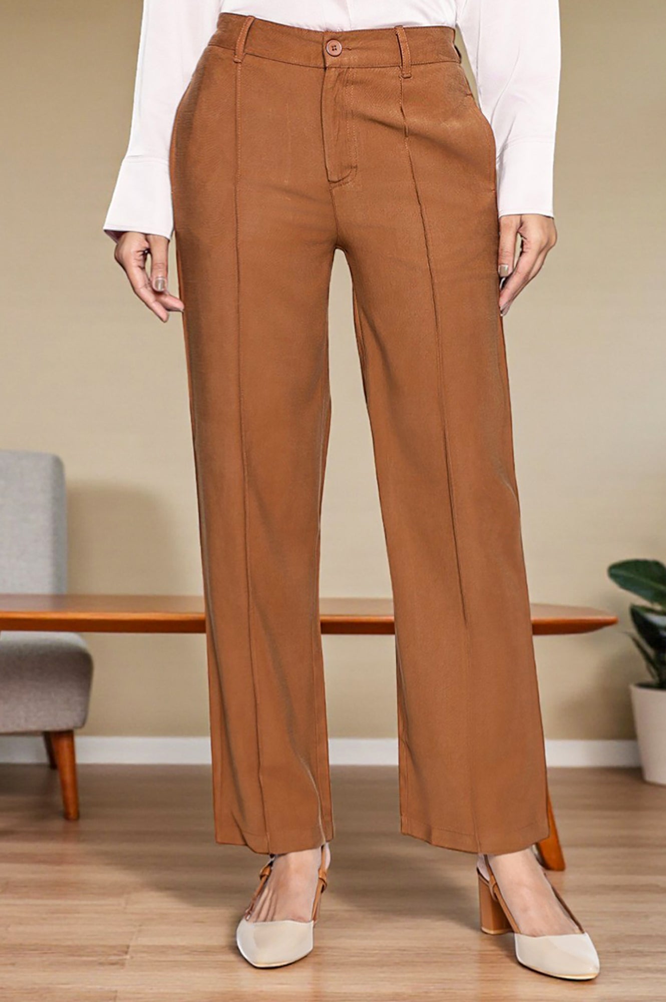 Brown Solid Korean Rayon Formal Parallel Pants with YKK Zipper