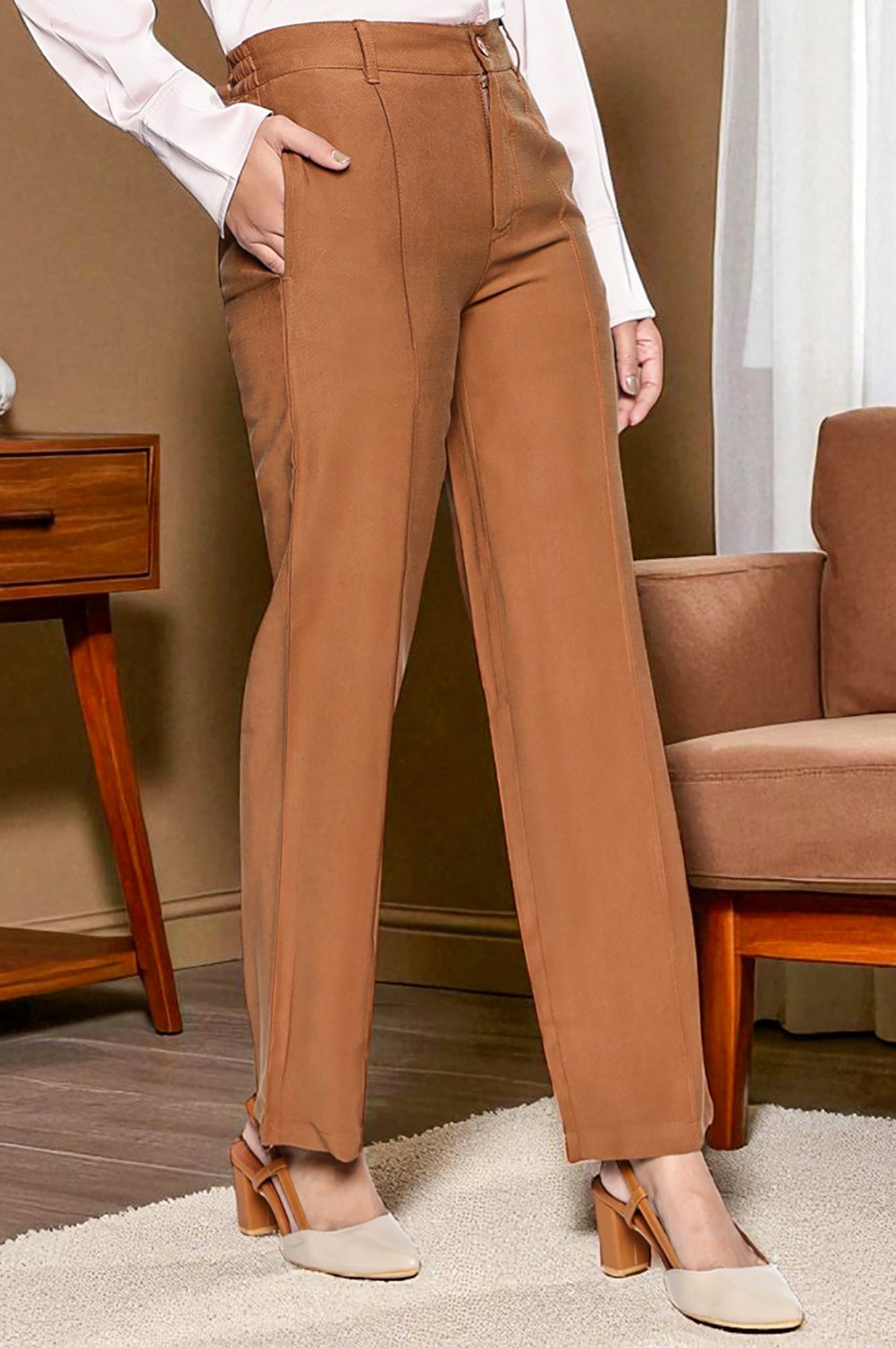 Brown Solid Korean Rayon Formal Parallel Pants with YKK Zipper