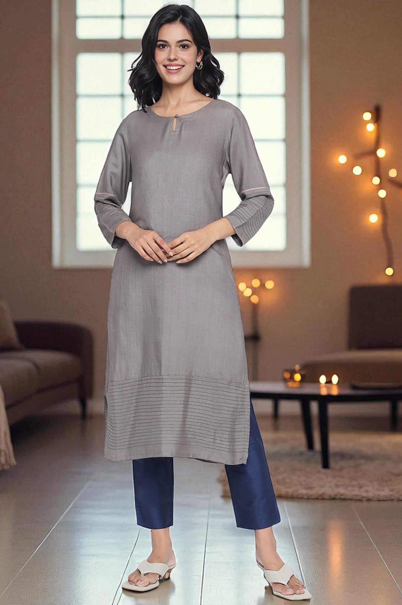 Blue Solid Mid Rise Slub Trousers in Ankle Length