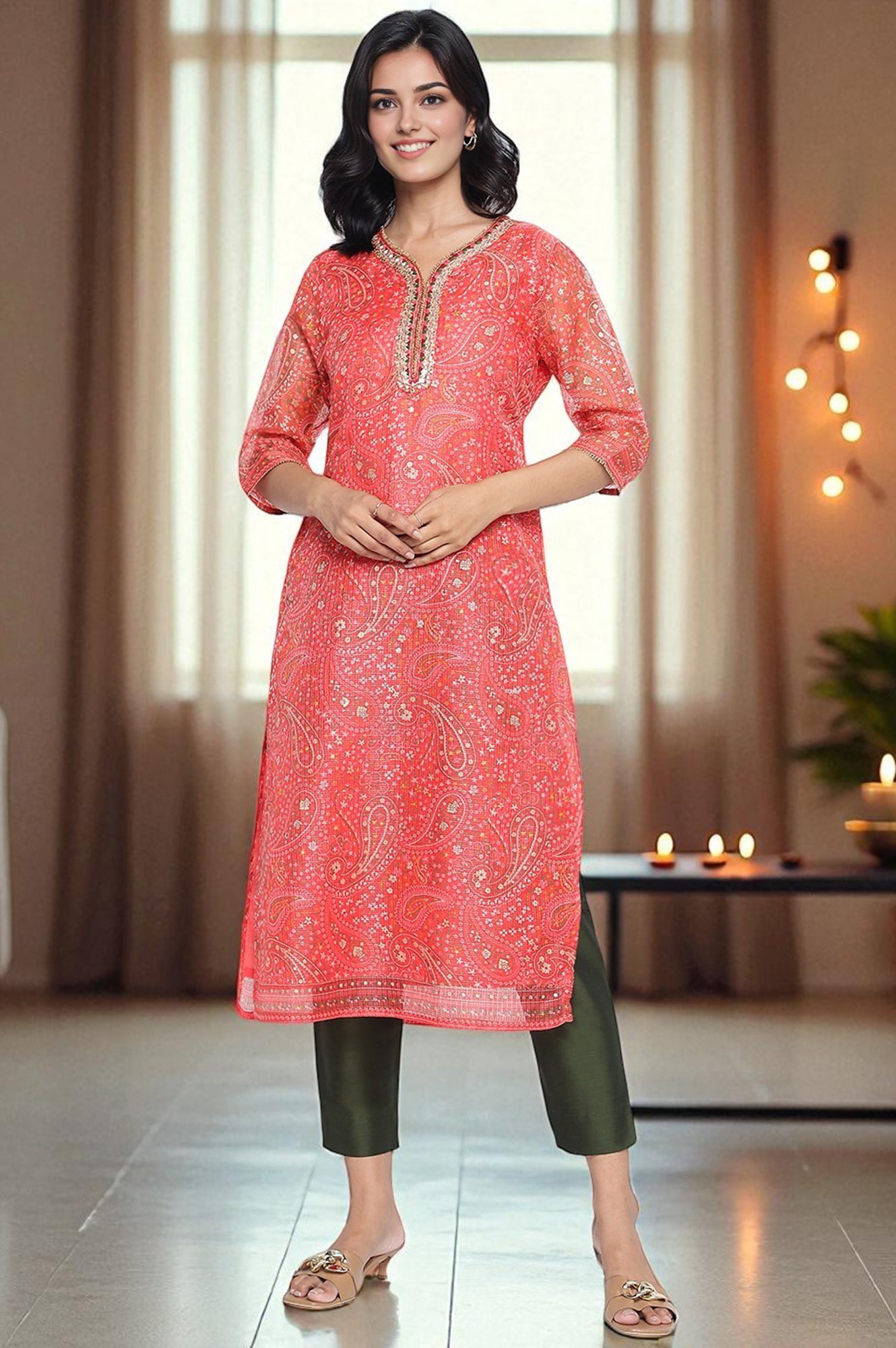 Green Solid Mid Rise Slub Trousers in Ankle Length