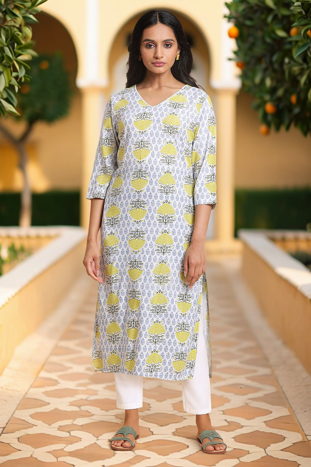 Ecru Lace Rayon Straight Kurta and Slim Pant Set