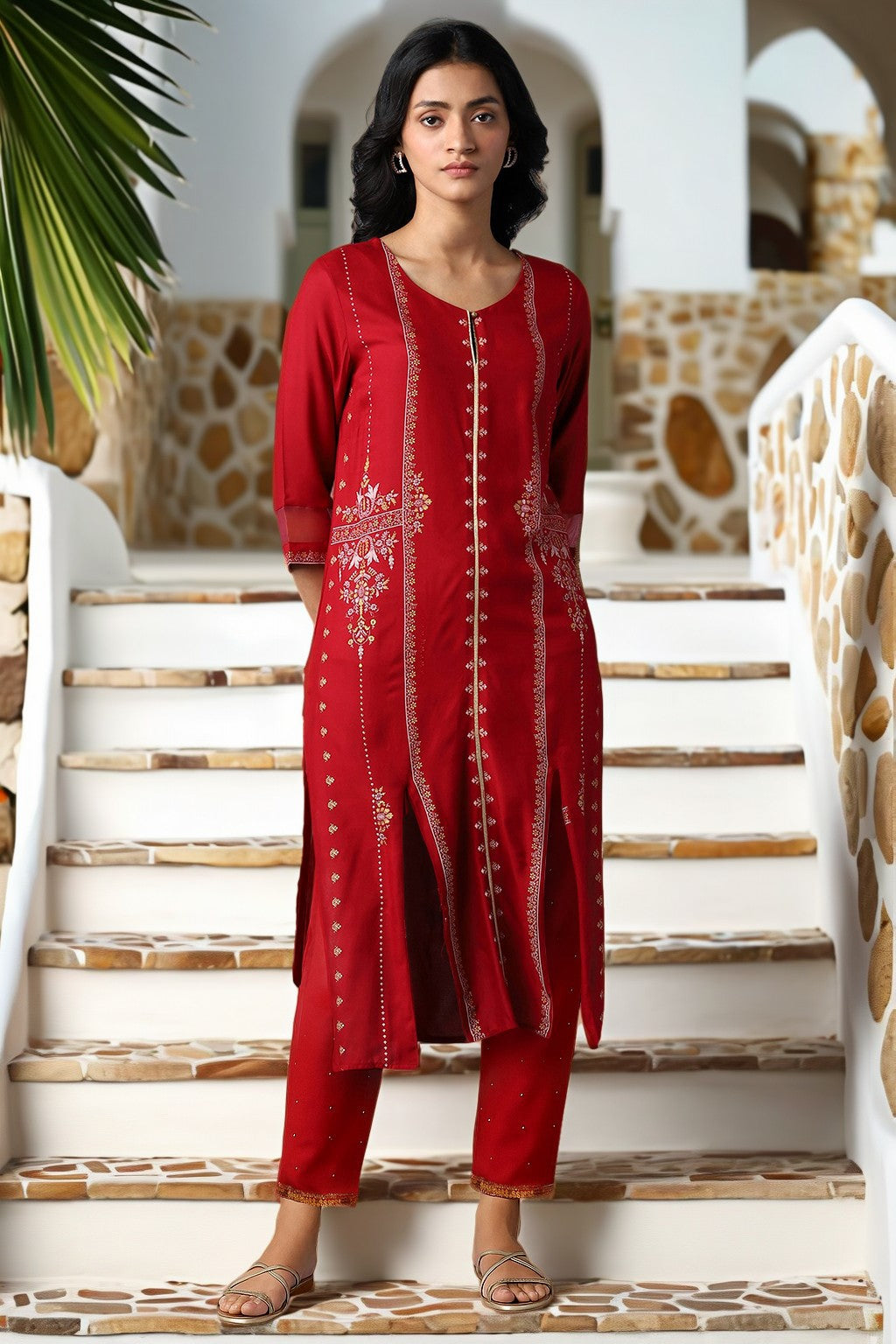 Red Straight Kurta and Slim Pant Set