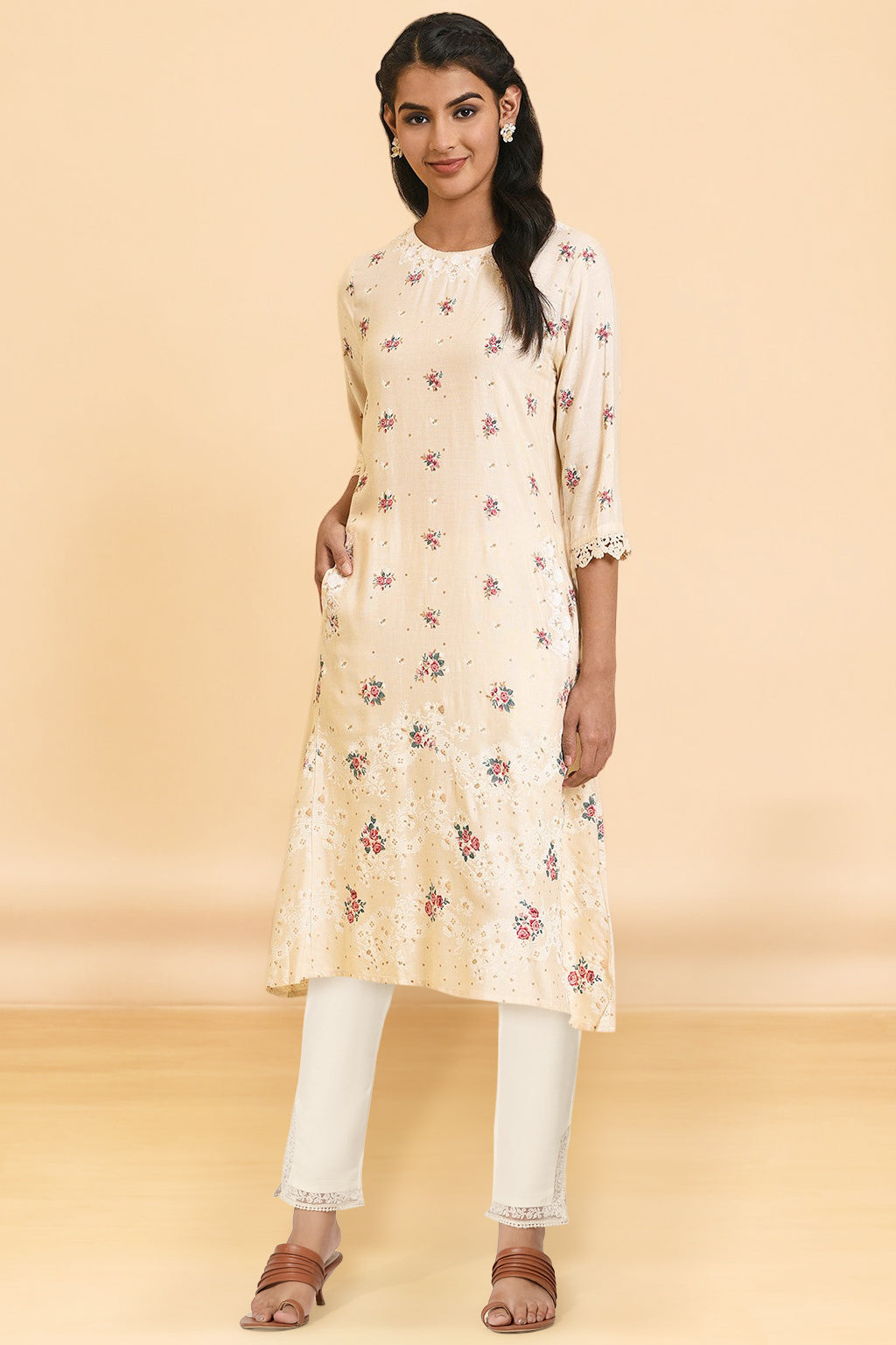 Ecru Thread Embroidery Rayon A-line Kurta and Slim Pant Set