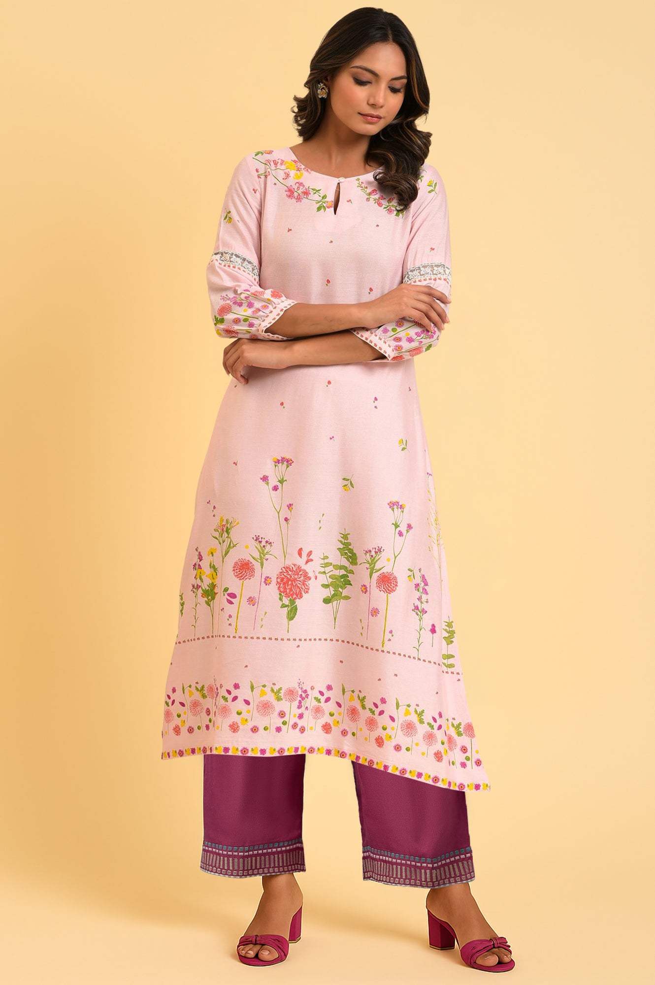 Yellow Floral Printed Rayon Flax A-Line Kurta with Slim Pant Set
