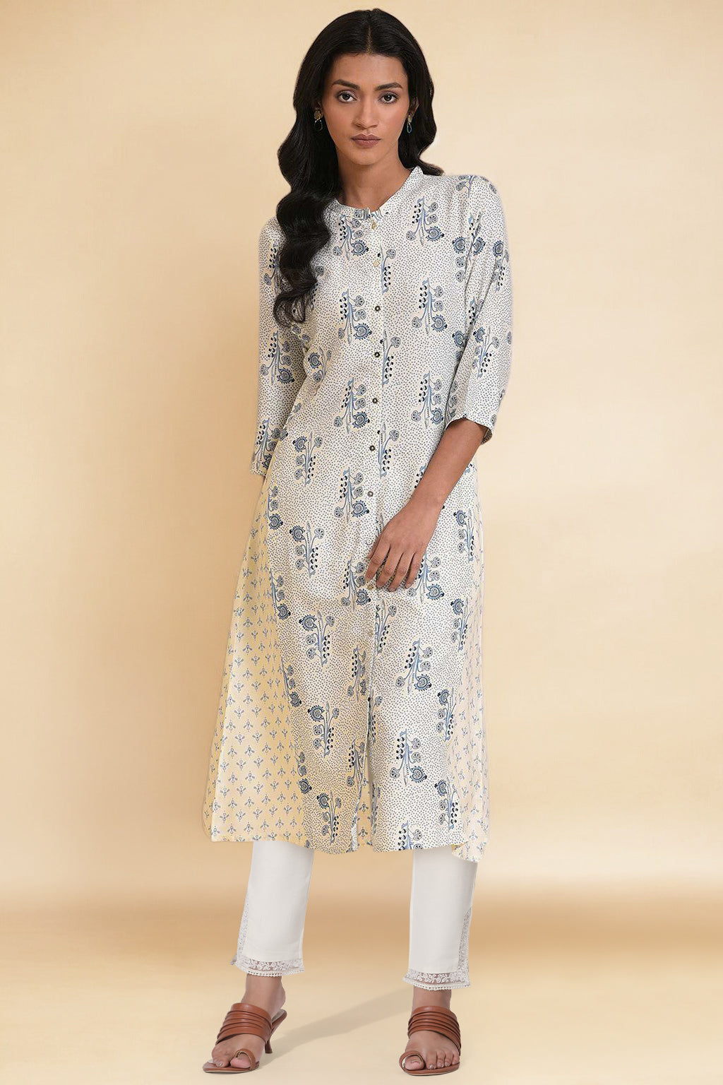 Ecru Rayon A-line Kurta and Slim Pant Set
