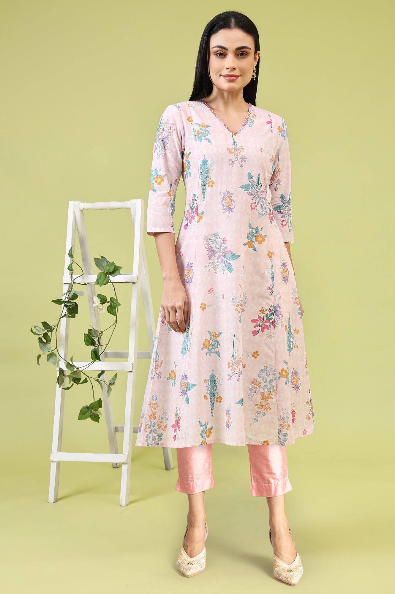 Pink Floral Printed Thread Embroidered Pure Cotton A-Line Kurta and Slim Pant Set