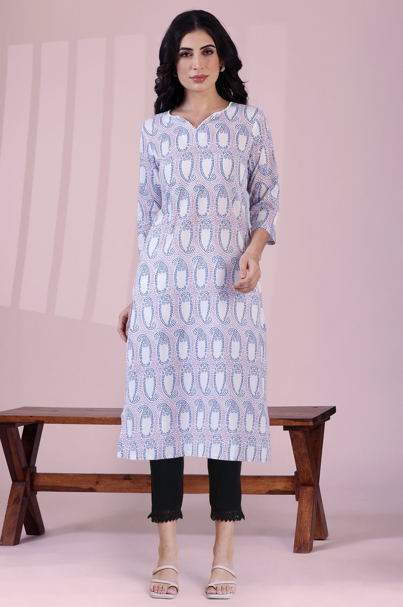 White Printed Pure Cotton Straight Kurta and Slim Pant Set