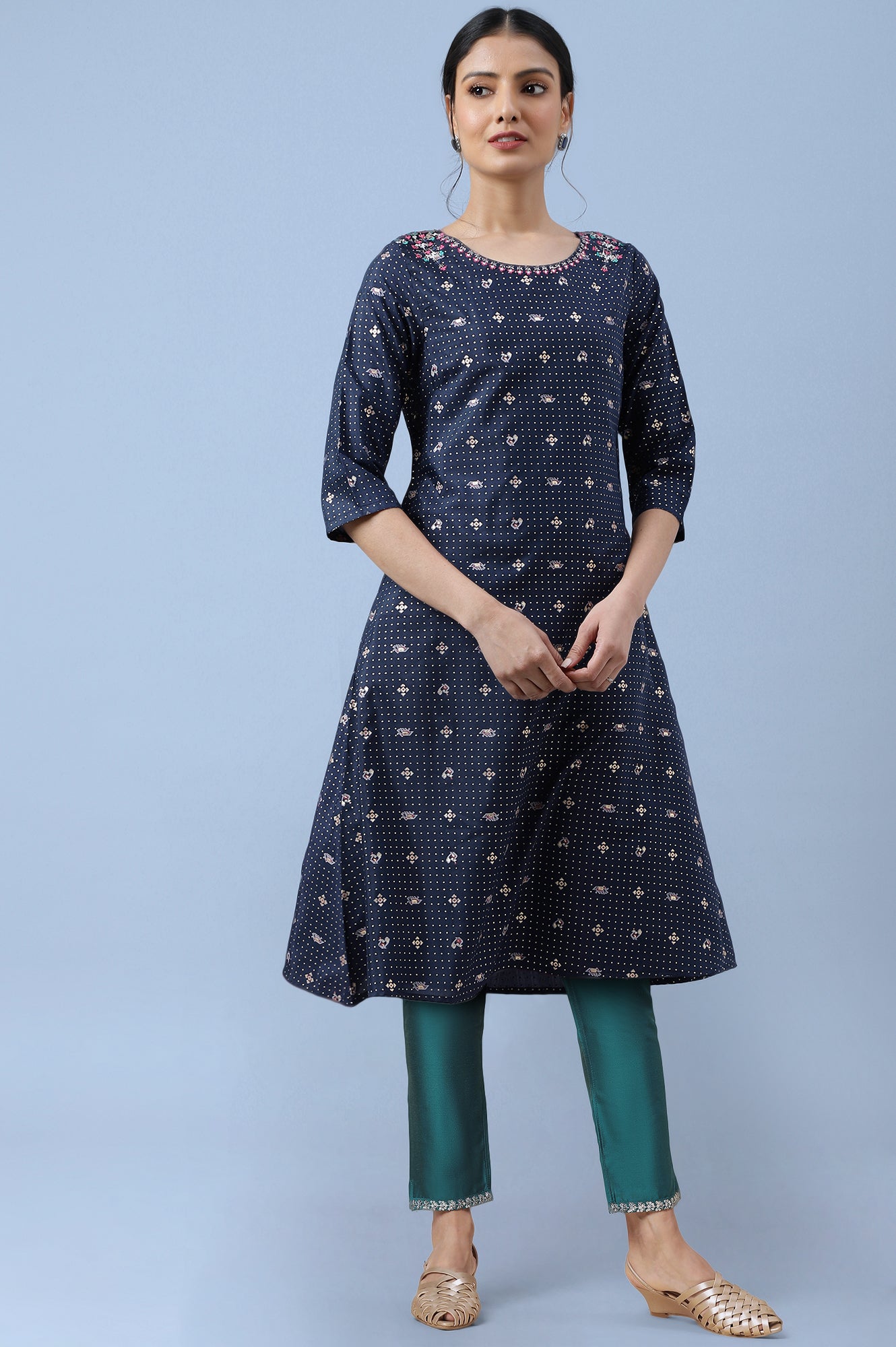Dark Blue Printed Thread Embroidered Shantung A-Line Kurta and Slim Pant Set