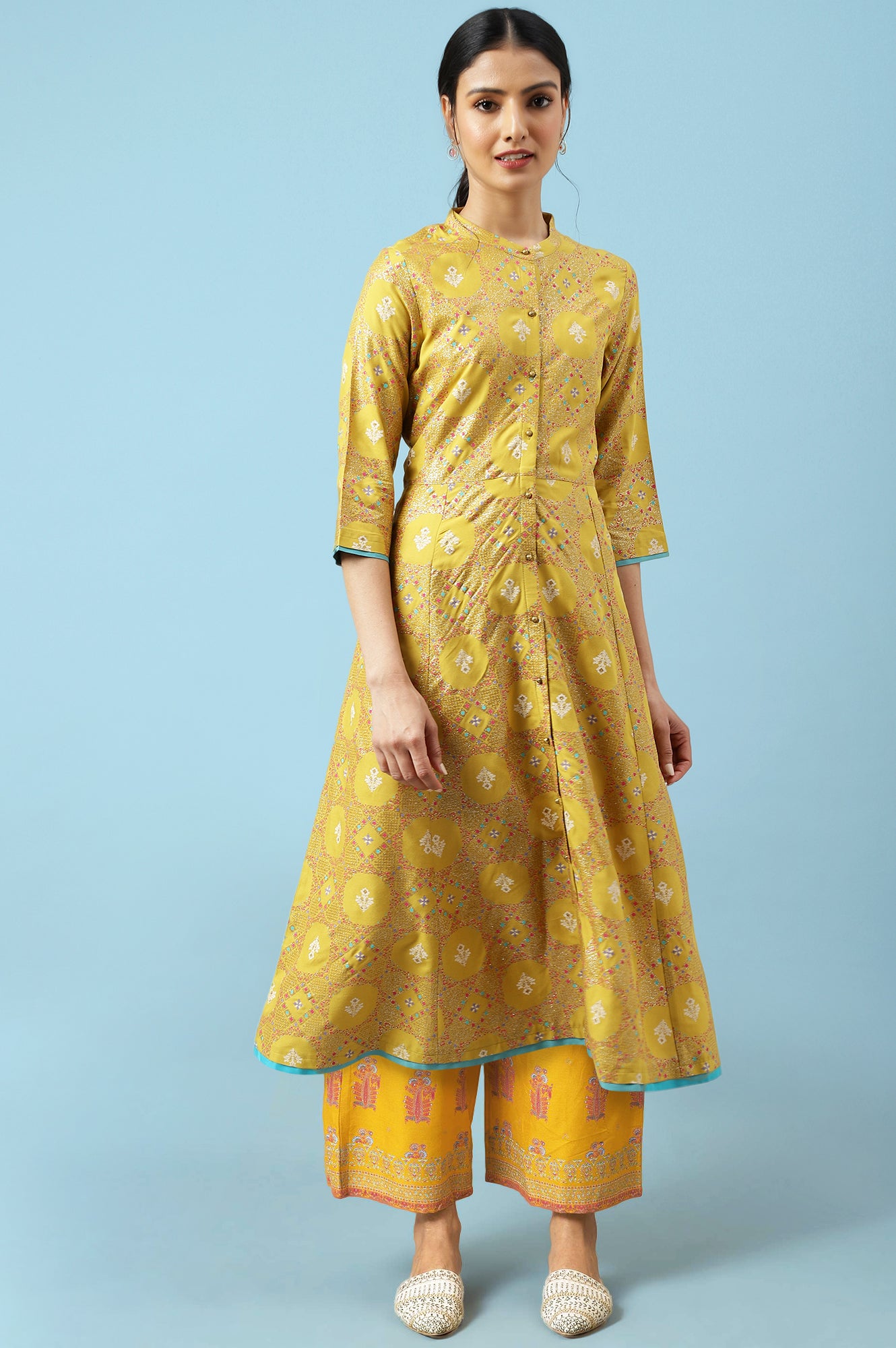 Yellow Geometric Printed Rayon A-Line Kurta and Parallel Pant Set