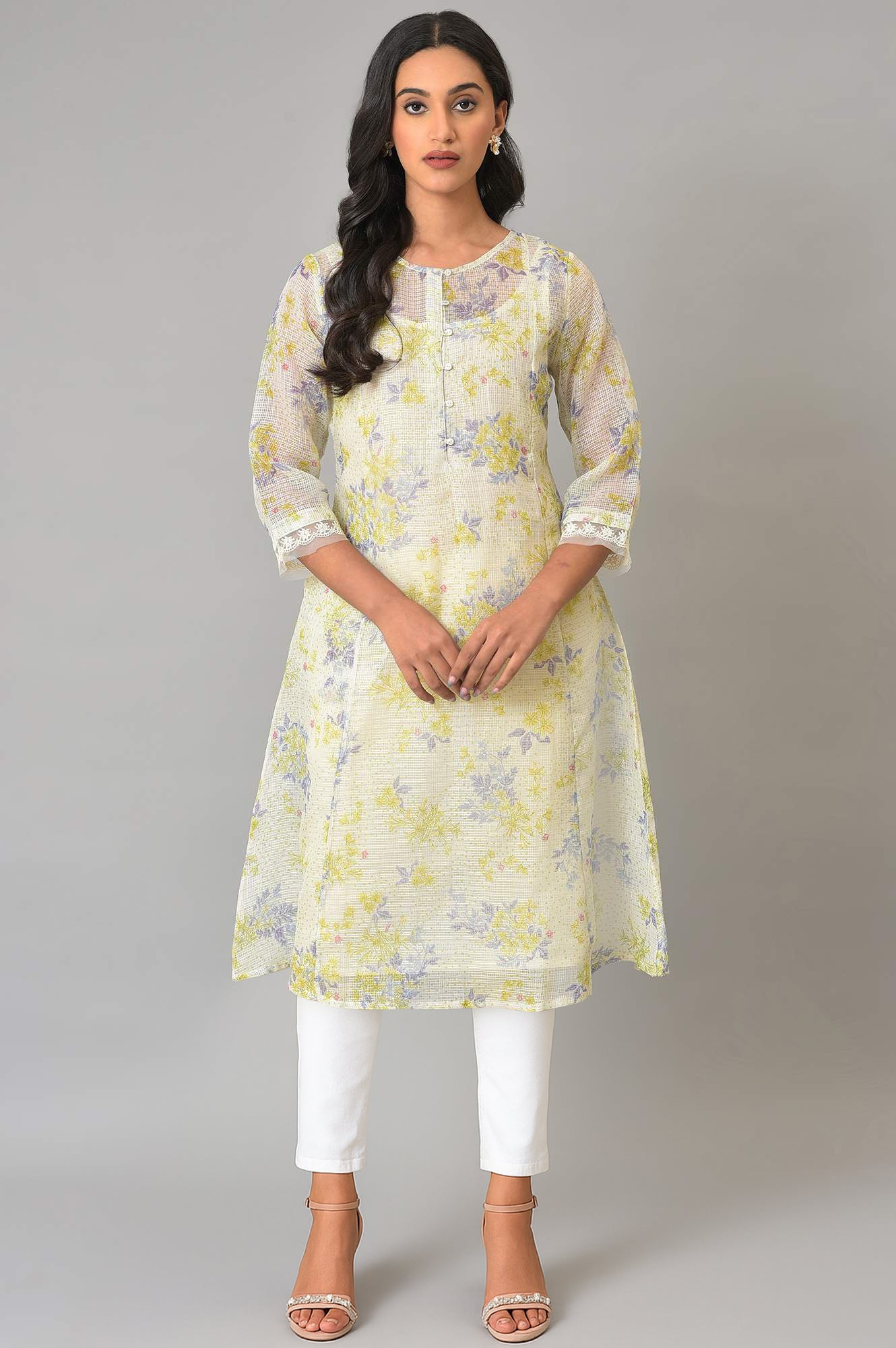 Ecru Floral Printed Lace Kota A-Line Kurta and Jegging Set