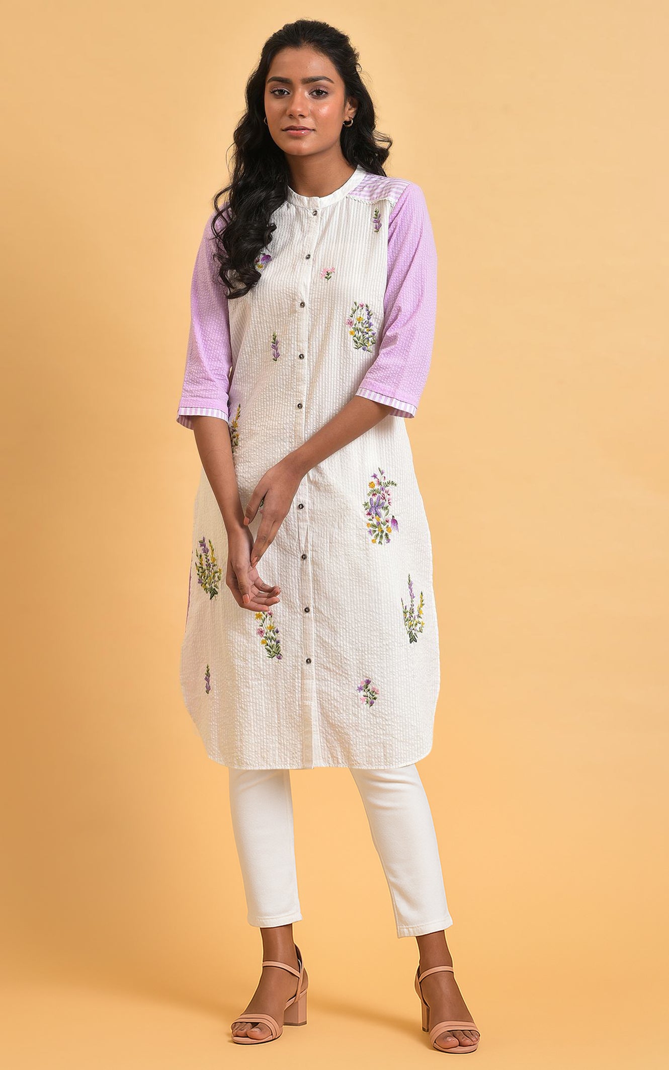 Ecru Solid Thread Embroidered Pure Cotton Straight Kurta and Jegging Set