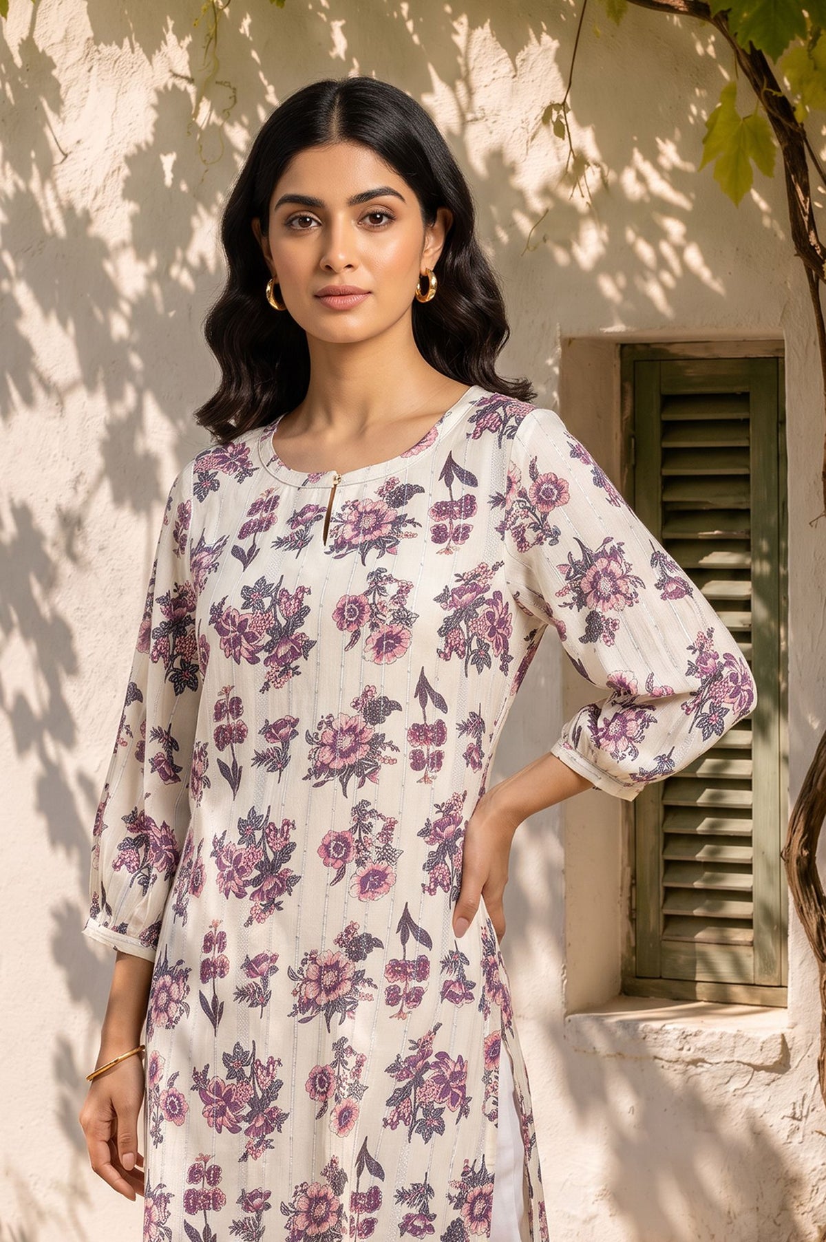 Off White Floral Printed Straight Kurta with Slim Pant