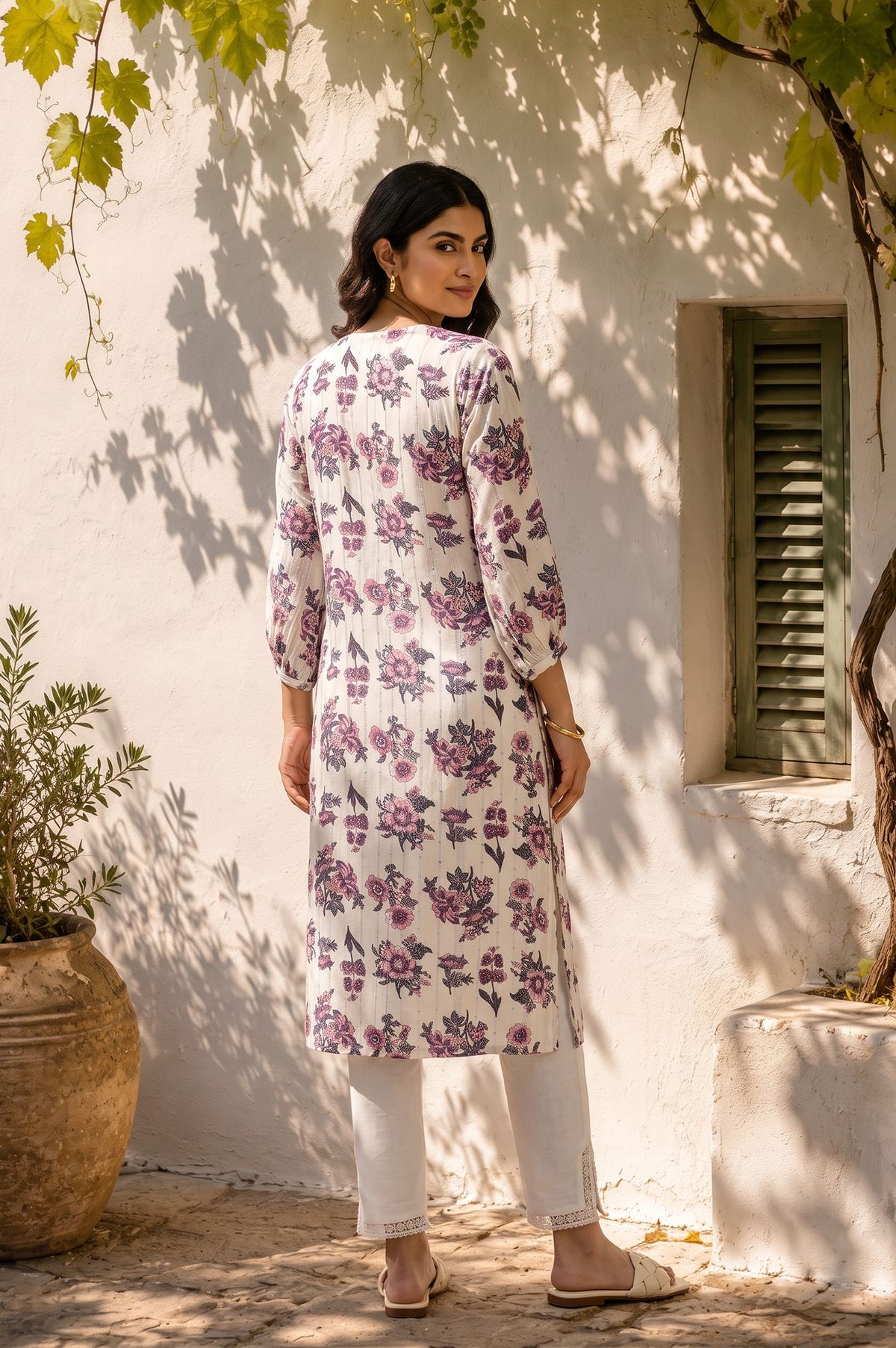 Off White Floral Printed Straight Kurta with Slim Pant