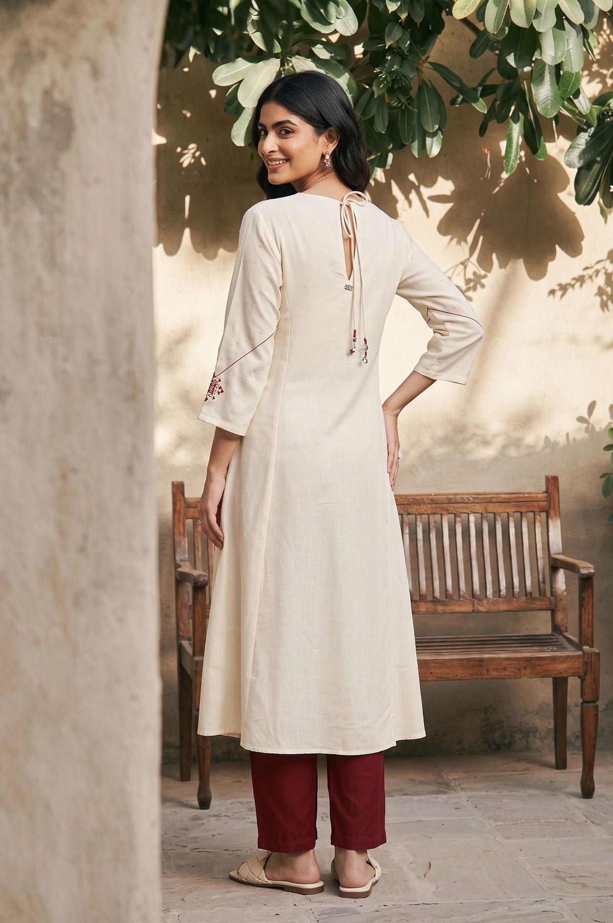 Off White Thread Embroidered Rayon Flax Straight Kurta with Pants Set