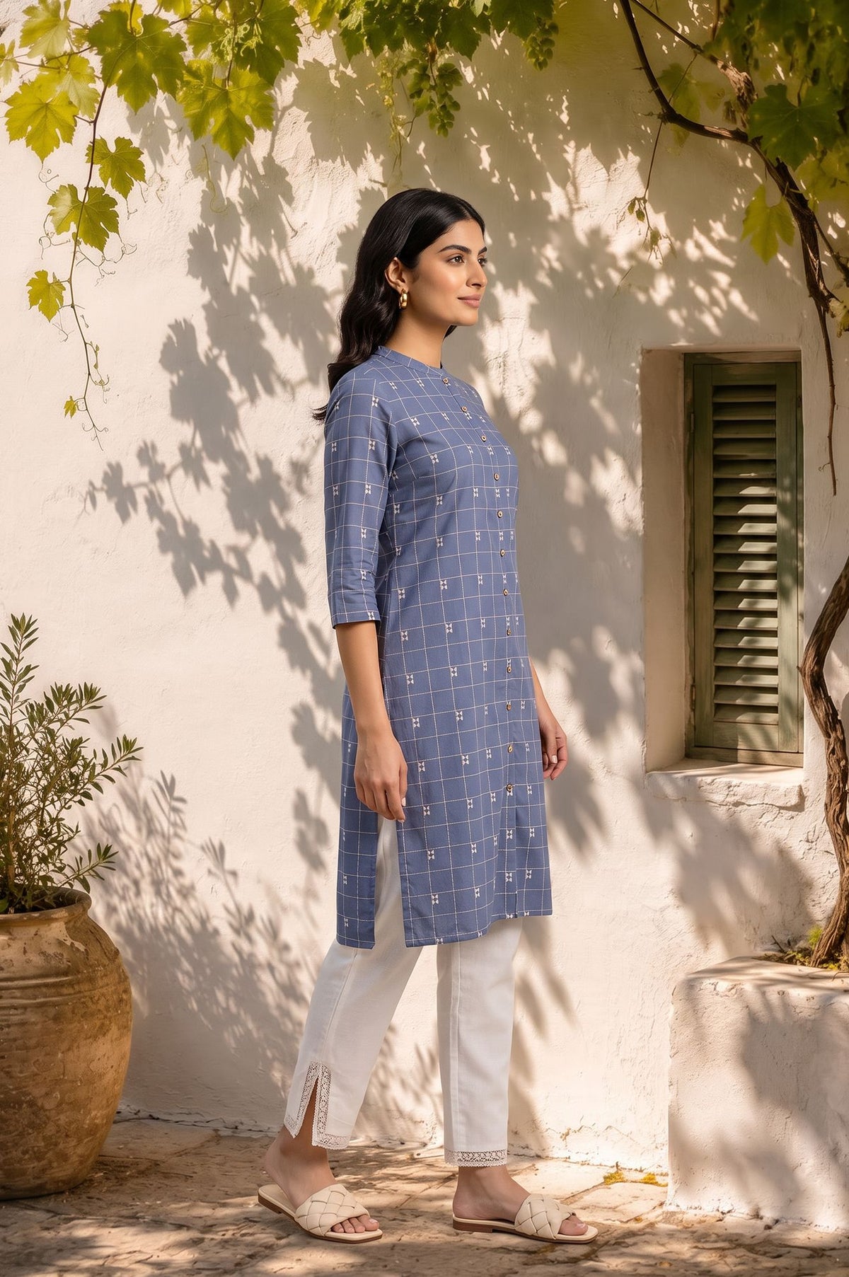 Blue Checkered Printed Lace Pure Cotton Straight Kurta with Slim Pant