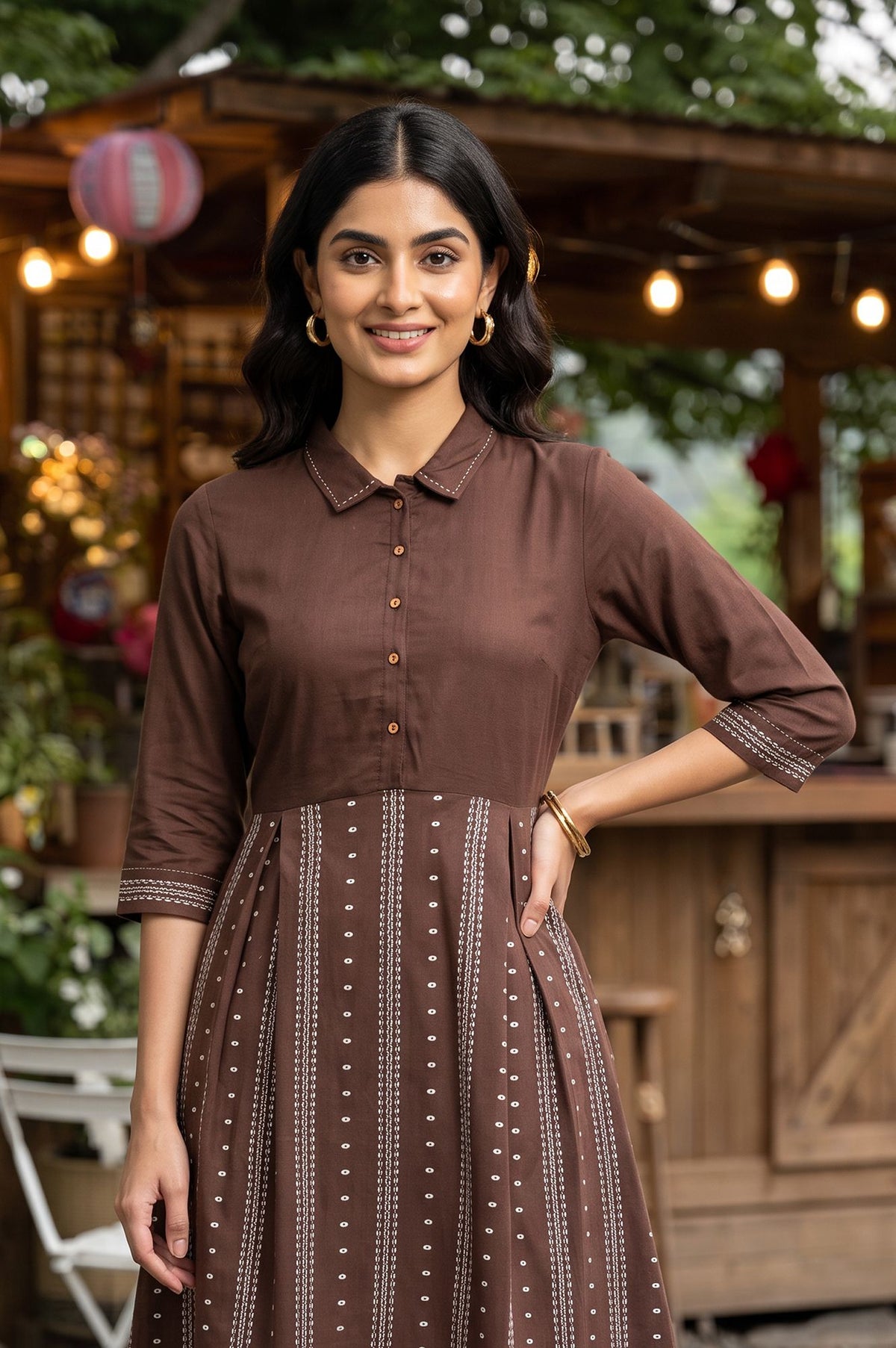 Brown Yarn Dyed Striped Cotton Blend A-line Kurta with Slim Pant