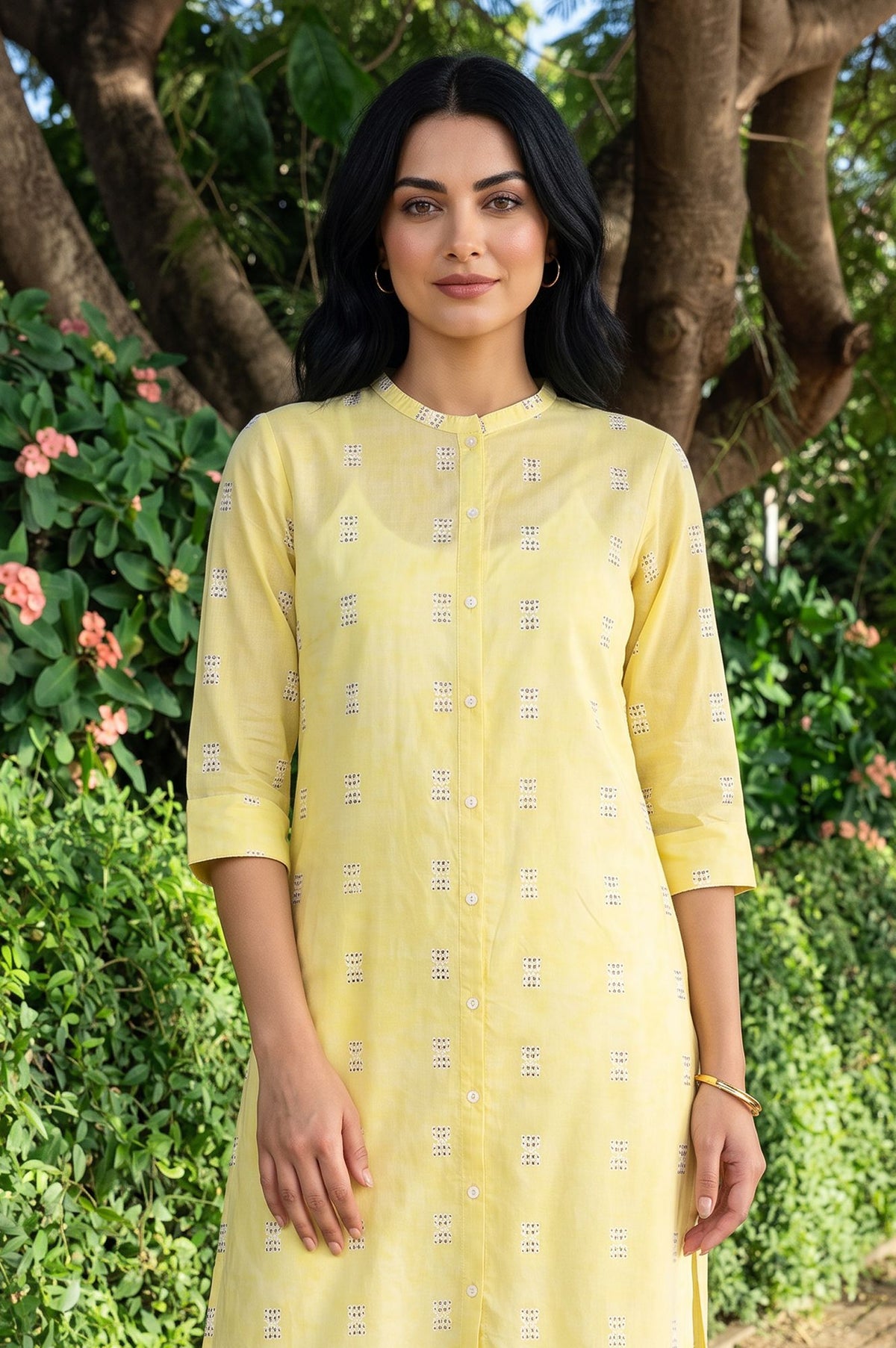 Yellow Geometric Printed Lace Pure Cotton Straight Kurta with Slim Pants Set