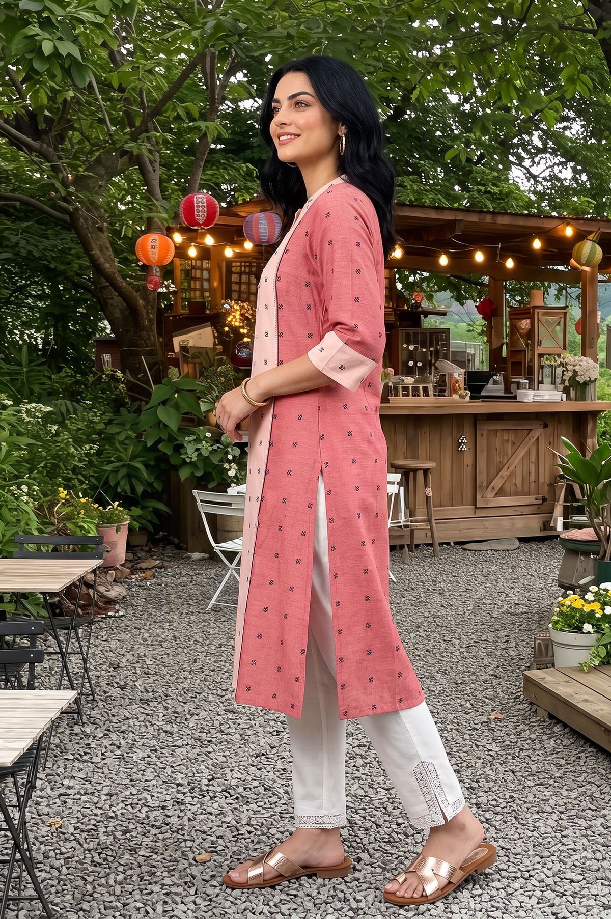 W Pink Yarn Dyed Geometric Printed Straight Kurta with Slim Pant Set