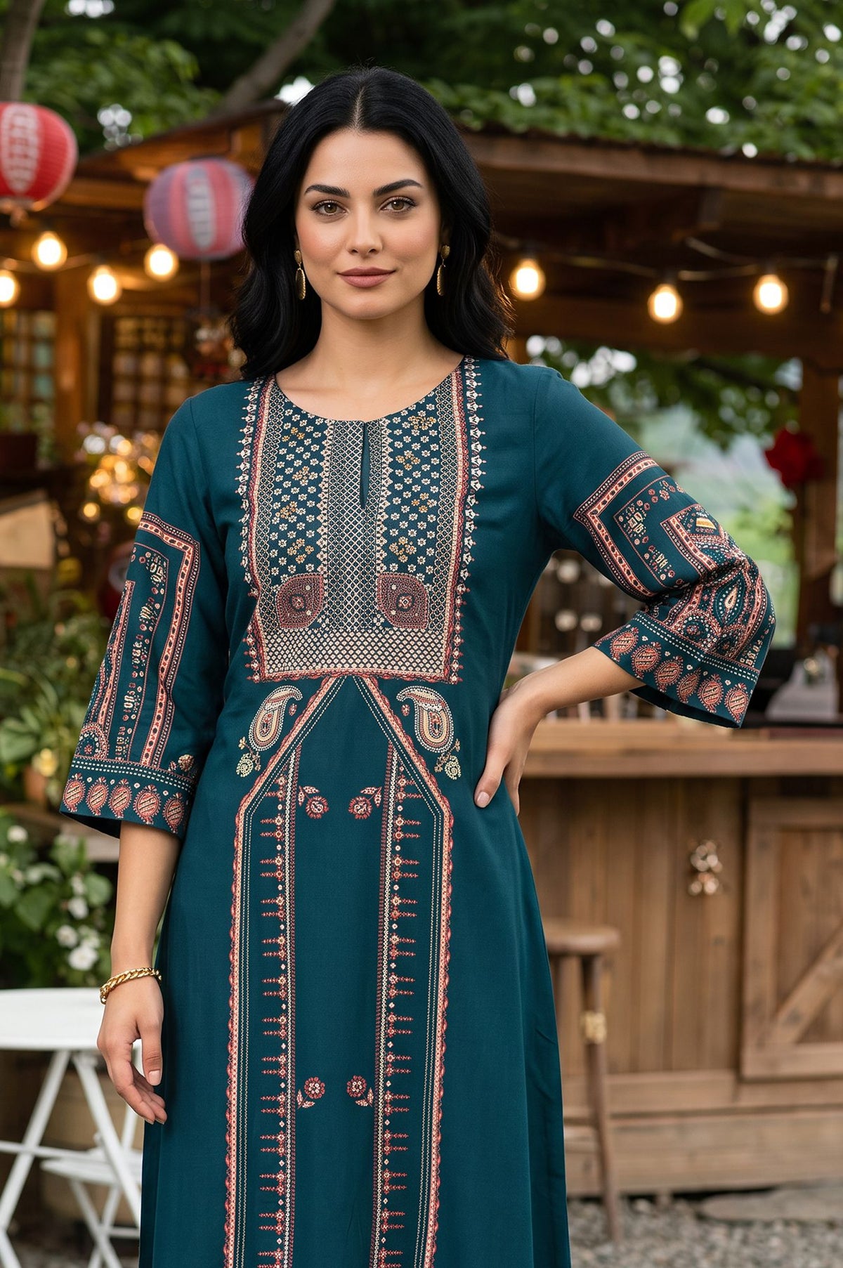 Teal Sequins Printed Rayon A-line Kurta with Slim Pant Set