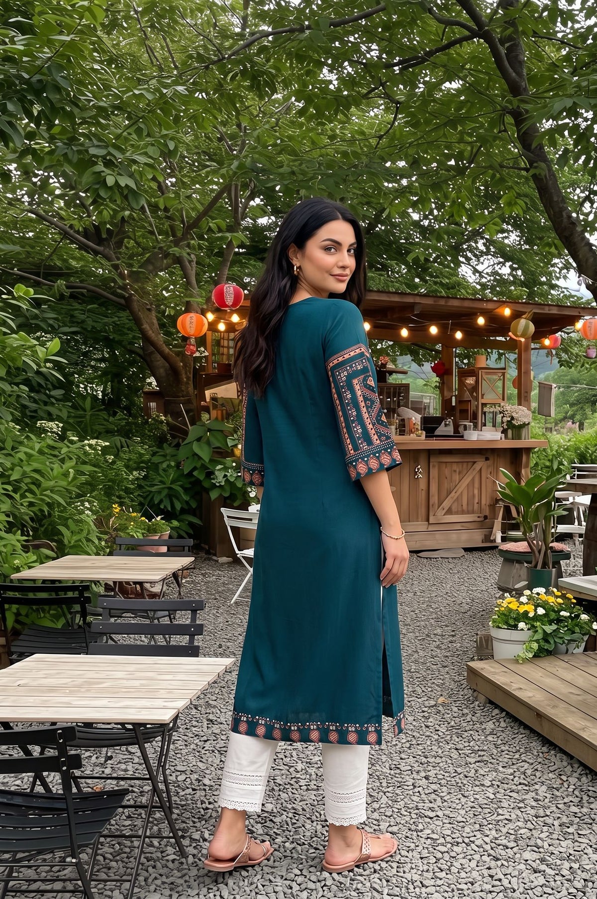 Teal Sequins Printed Rayon A-line Kurta with Slim Pant Set