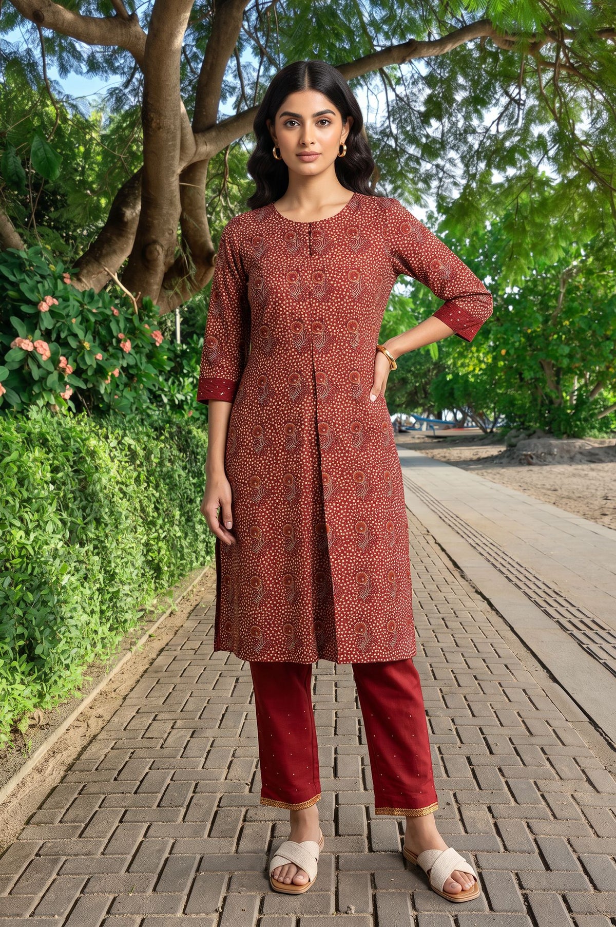 W Maroon Paisley Printed Sequins Straight Kurta with Slim Pant