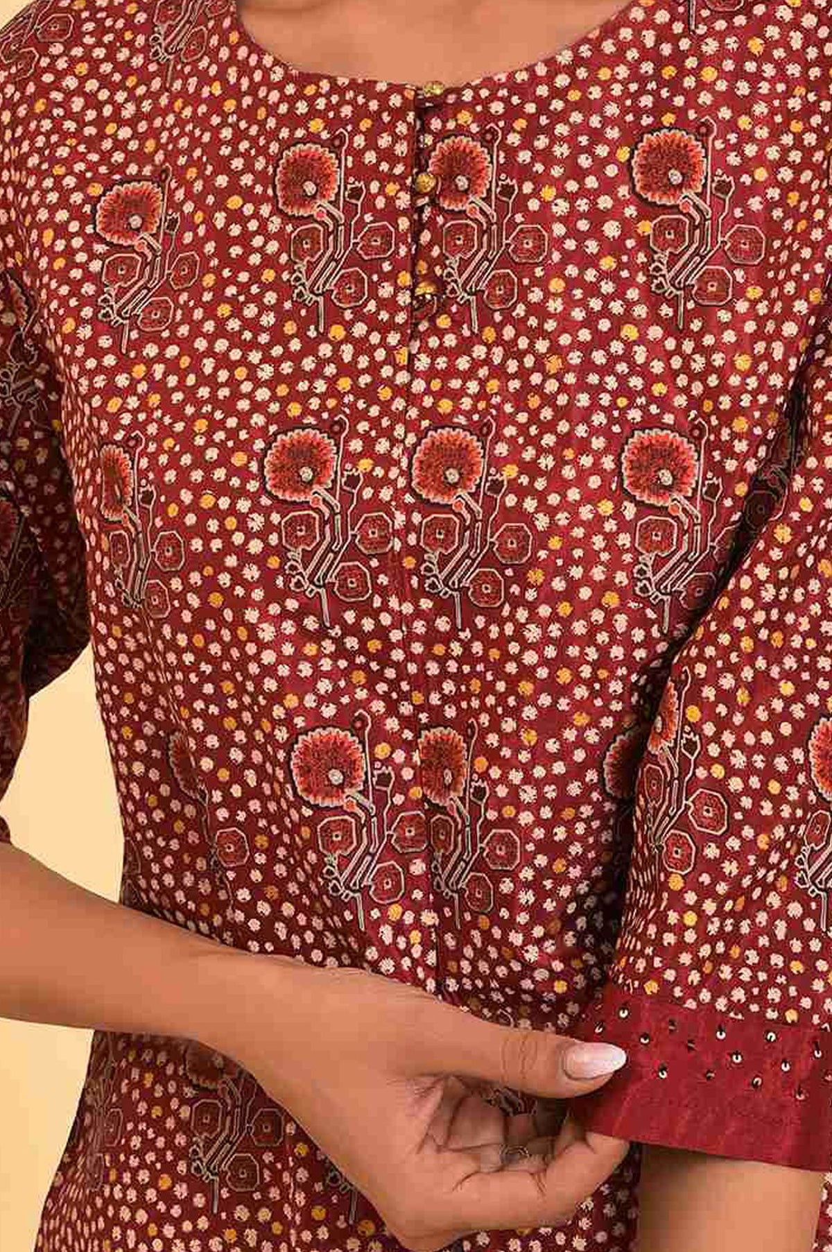 W Maroon Paisley Printed Sequins Straight Kurta with Slim Pant
