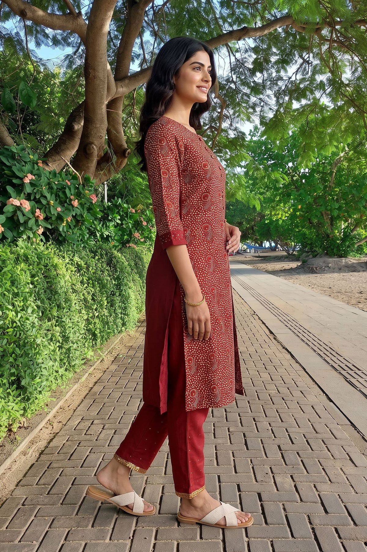 W Maroon Paisley Printed Sequins Straight Kurta with Slim Pant