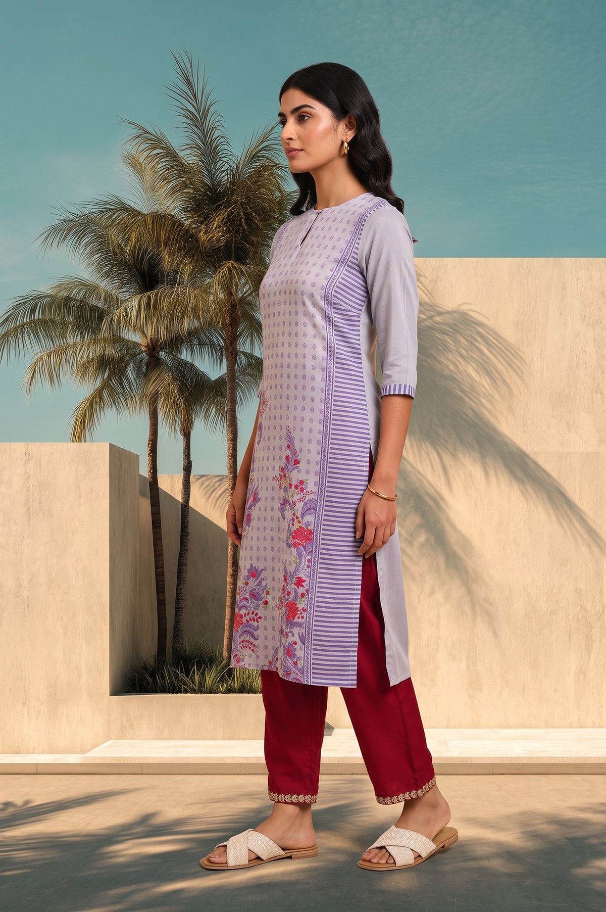 Grey Floral Printed Muslin Silk Straight Kurta with Slim Pant Set