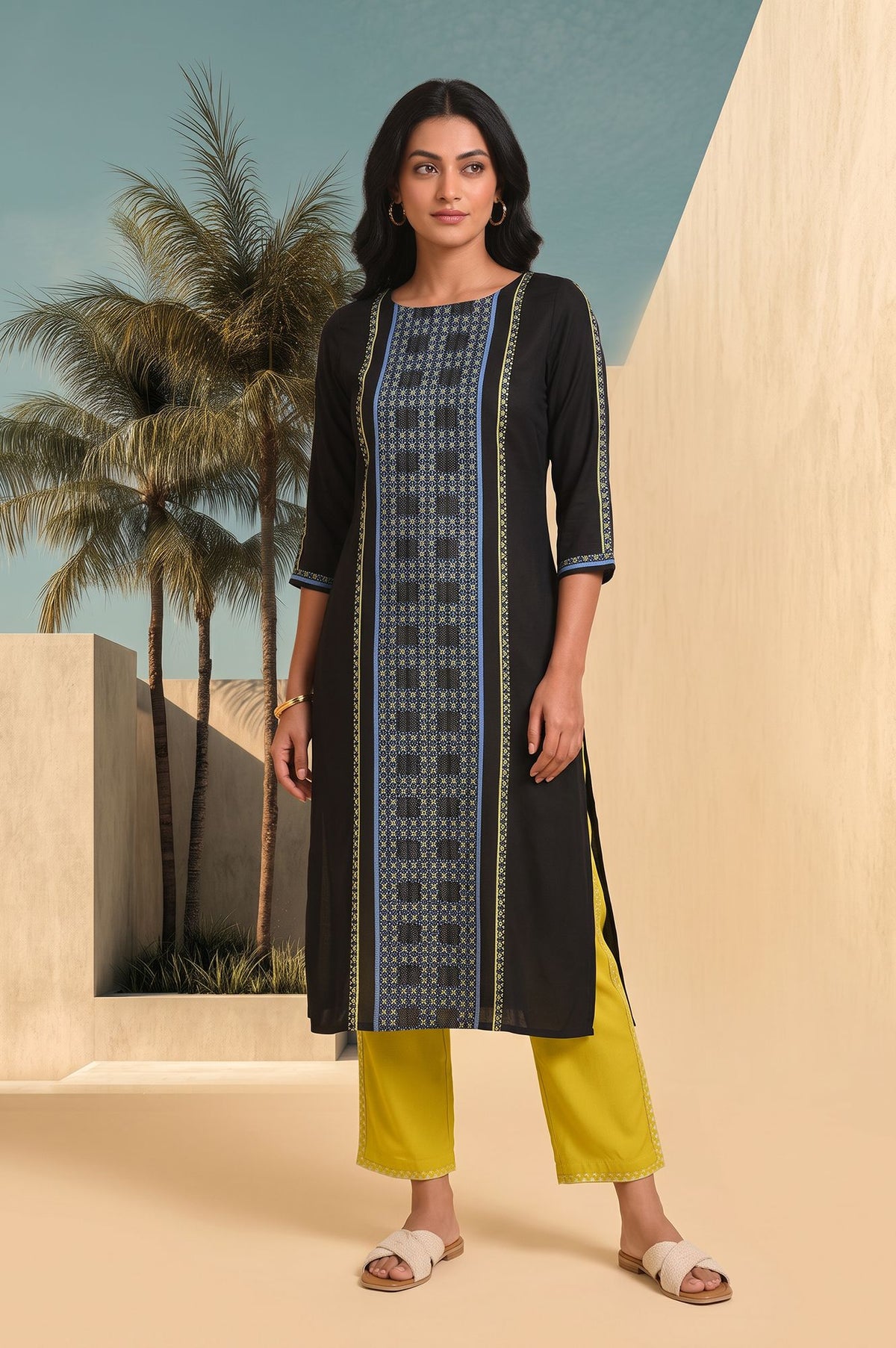 Black Geometric Printed Yarn Dyed Jacquard Straight Kurta with Straight Pants Set