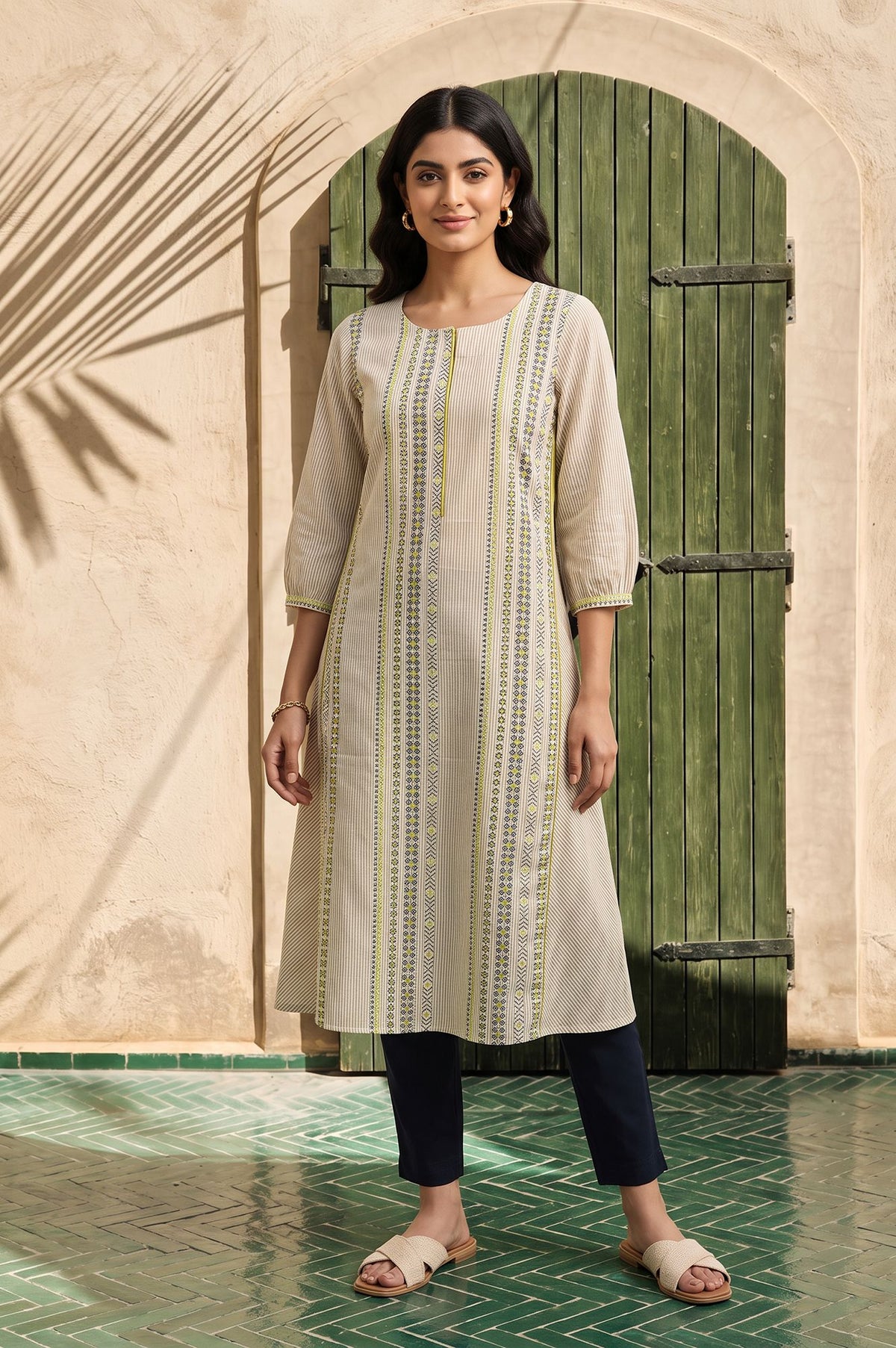 Beige Striped Pure Cotton Straight Kurta with Trousers Set
