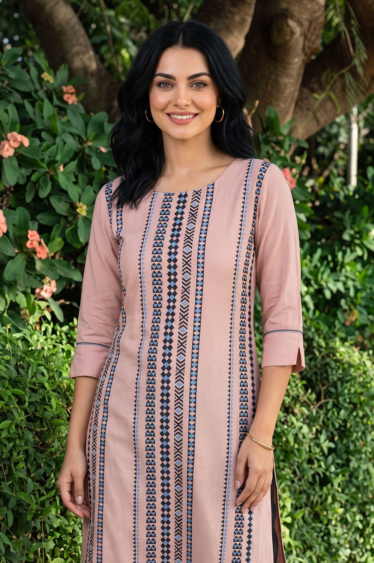 Pink Geometric Printed Yarn Dyed Rayon Jacquard Straight Kurta with Slim Pant