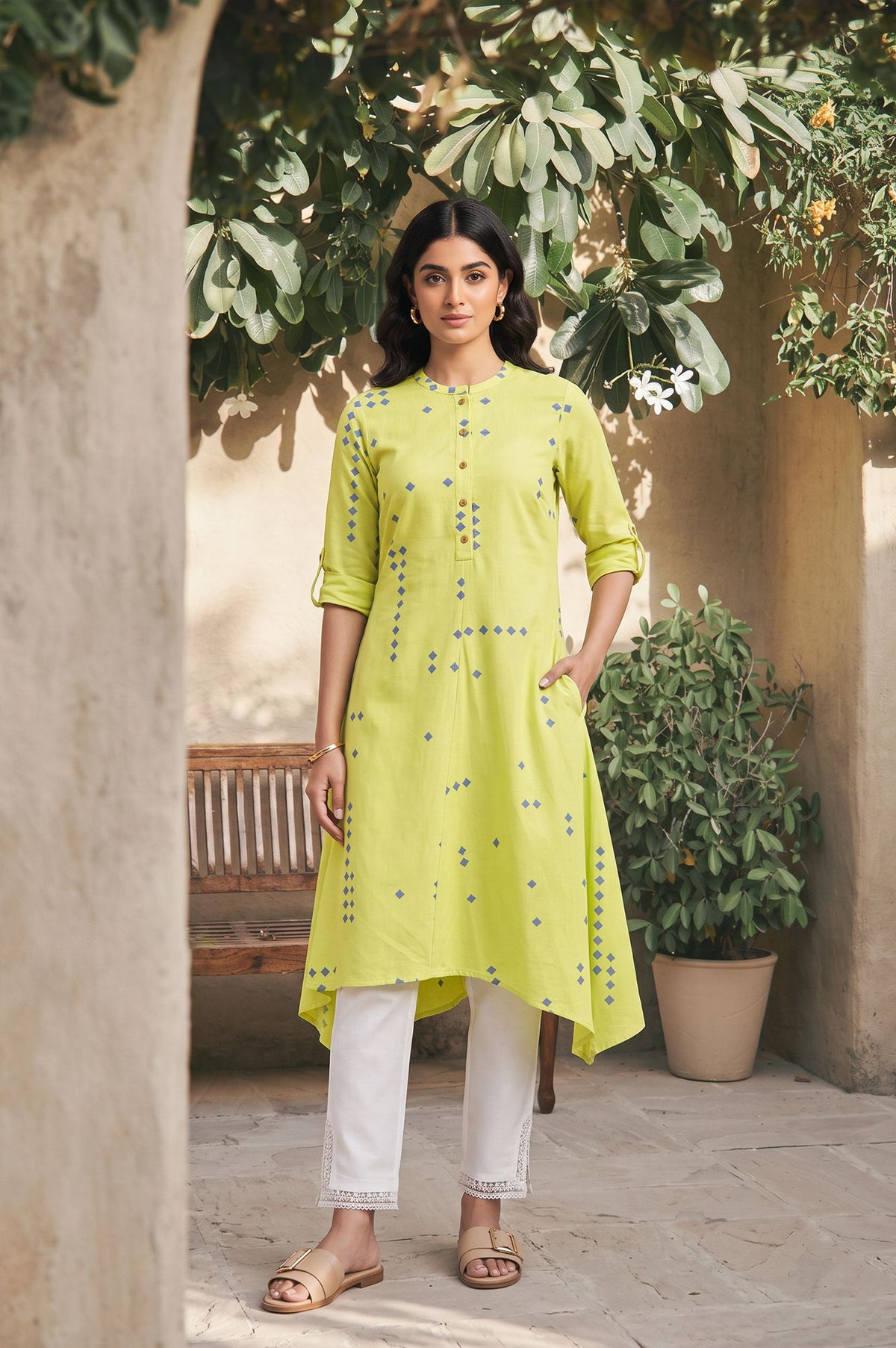 Lime Green Geometric Printed Lace Rayon A-line Kurta with Slim Pant