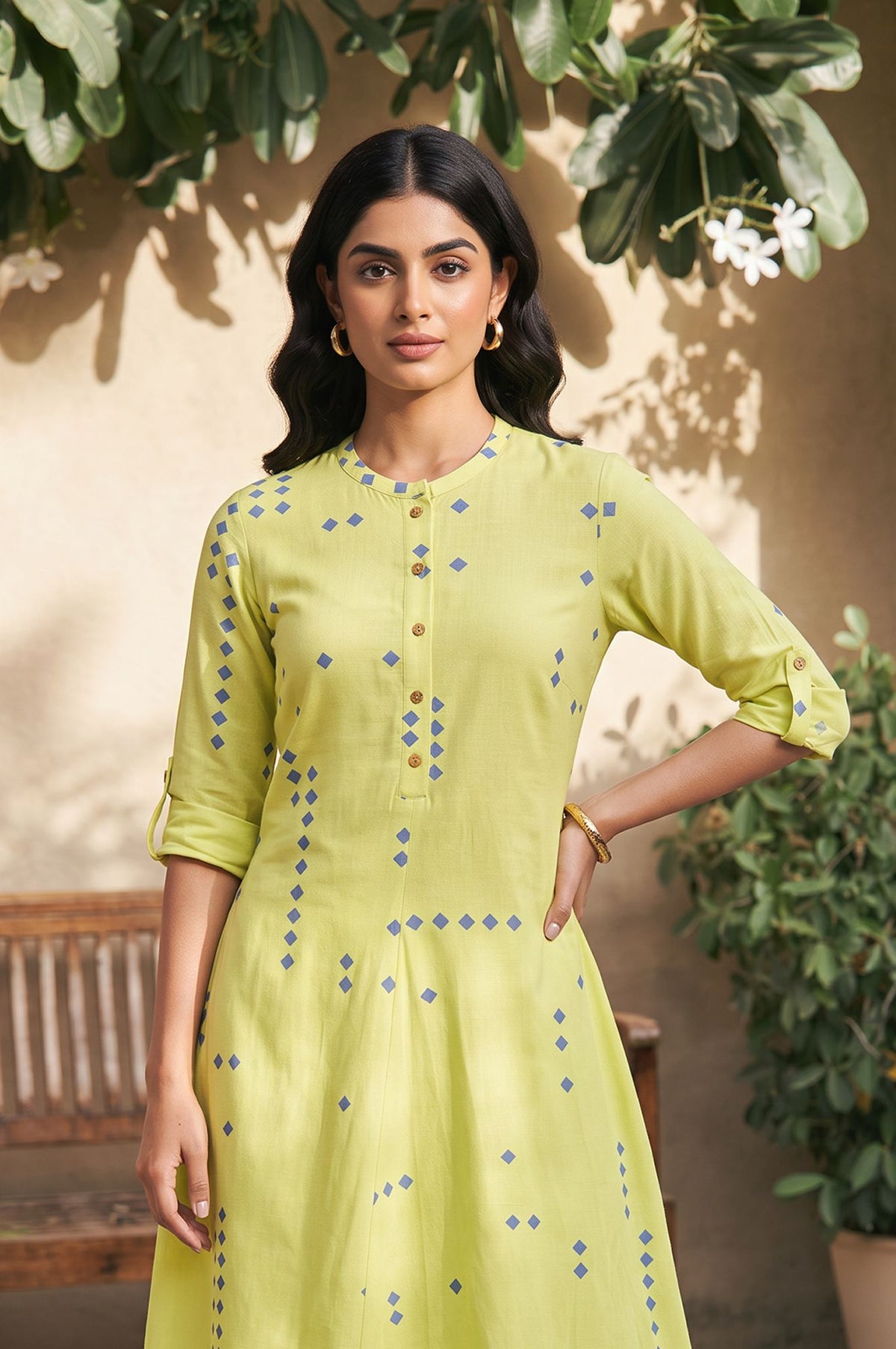 Lime Green Geometric Printed Lace Rayon A-line Kurta with Slim Pant