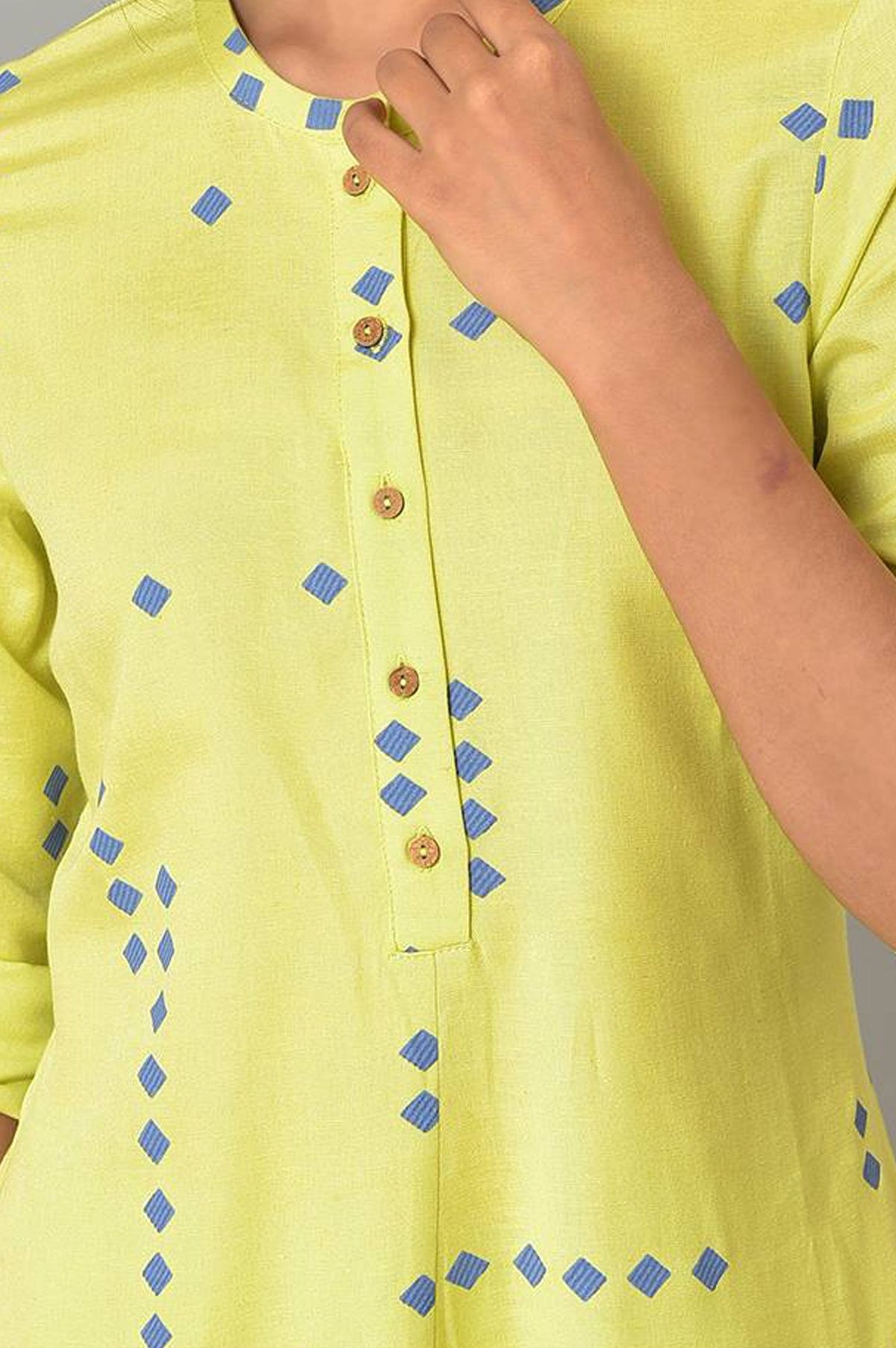 Lime Green Geometric Printed Lace Rayon A-line Kurta with Slim Pant