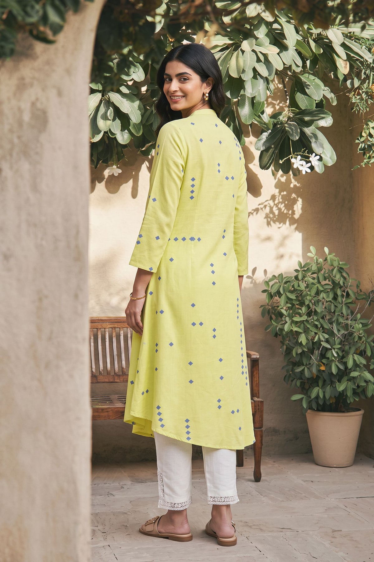 Lime Green Geometric Printed Lace Rayon A-line Kurta with Slim Pant