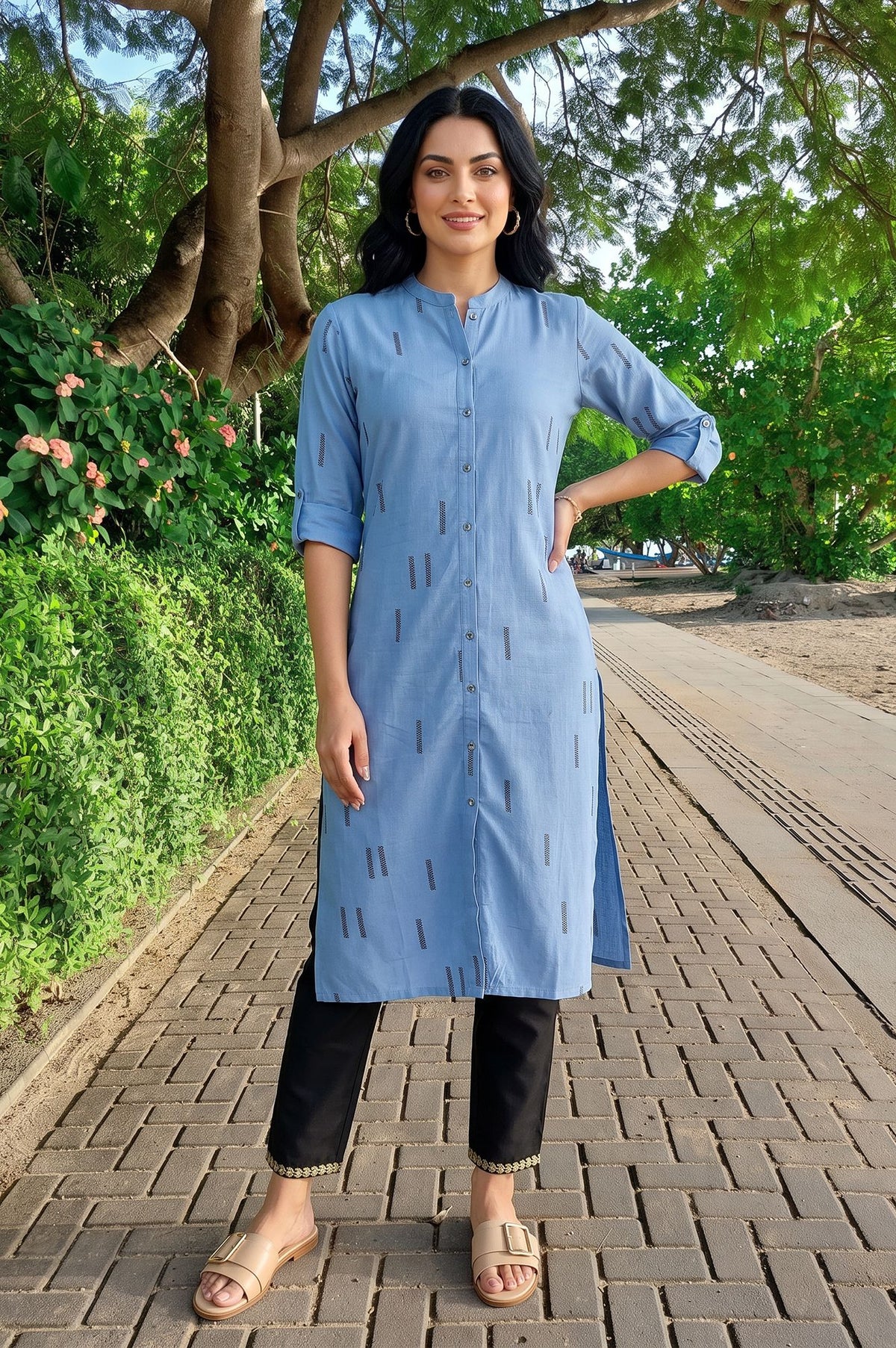 Blue Zari Geometric Printed Rayon Straight Kurta with Slim Pant Set