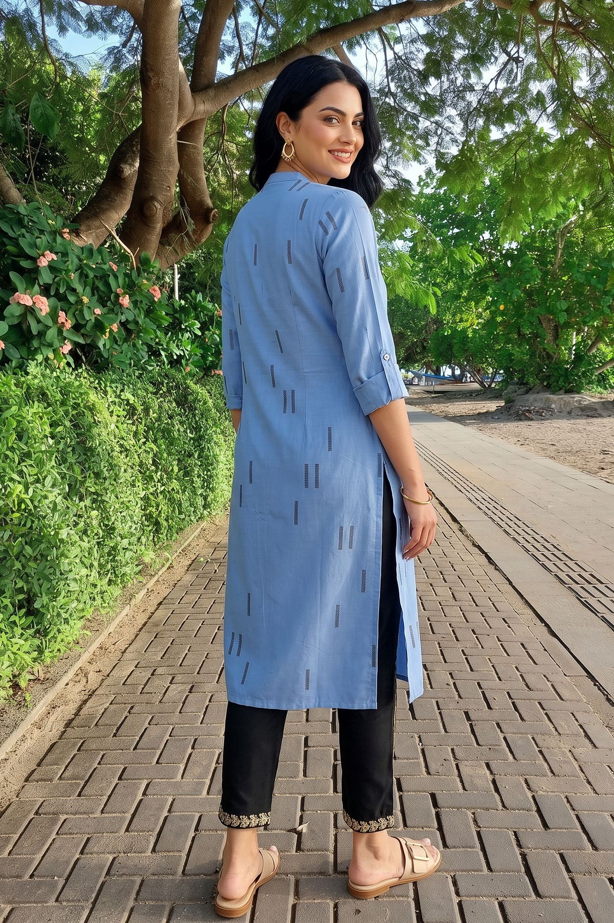 Blue Zari Geometric Printed Rayon Straight Kurta with Slim Pant Set