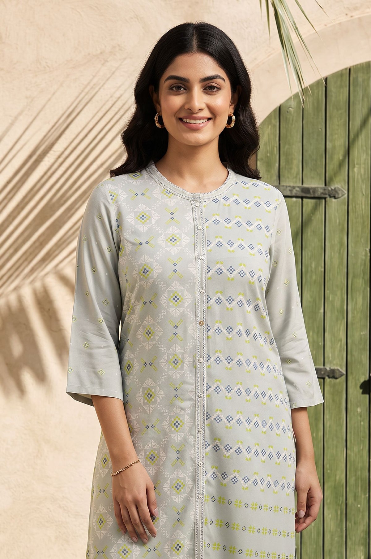 Grey Geometric Printed Lace Rayon Straight Kurta with Straight Pant Set