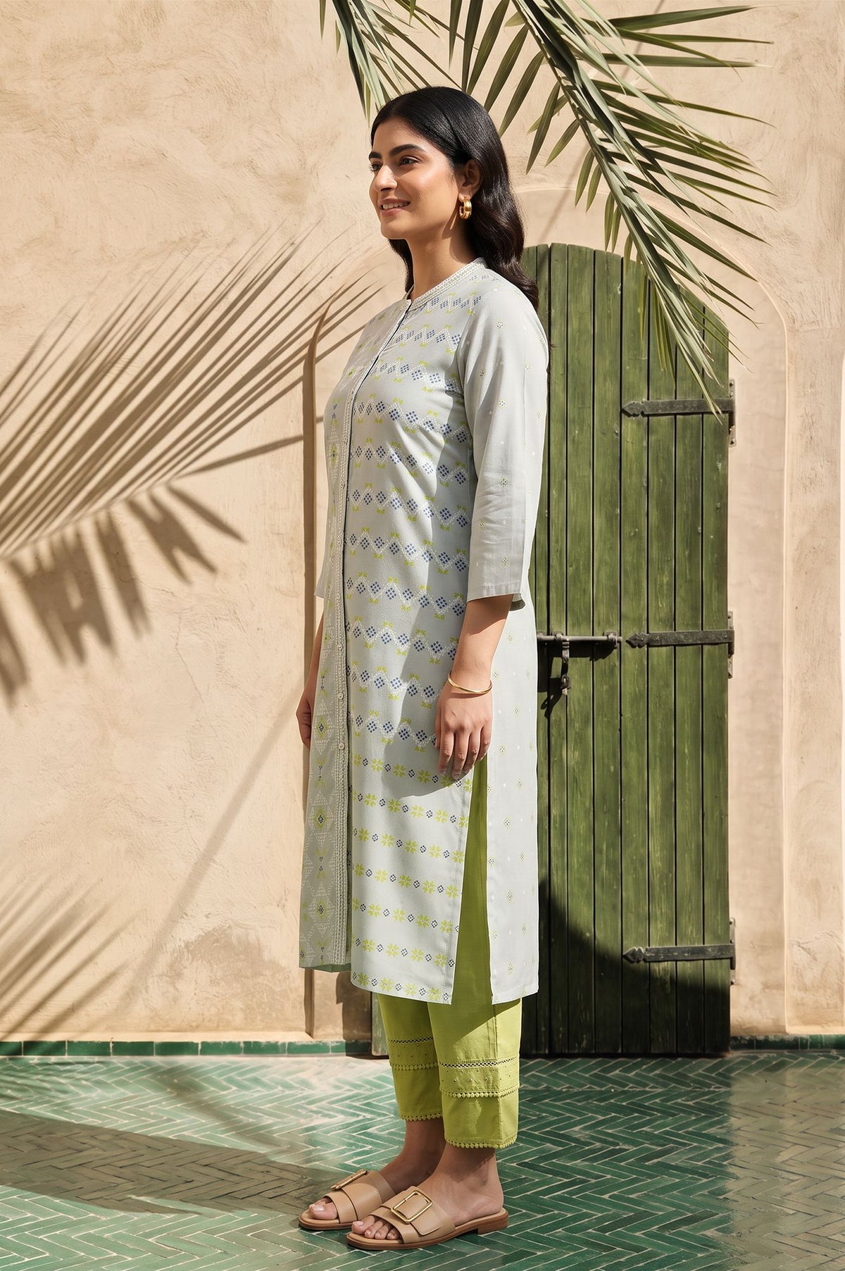 Grey Geometric Printed Lace Rayon Straight Kurta with Straight Pant Set